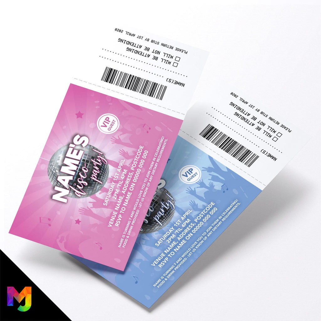 Personalised disco party ticket style birthday invitations invites | Perforated | Music dancing club fun friends boys girls pink blue