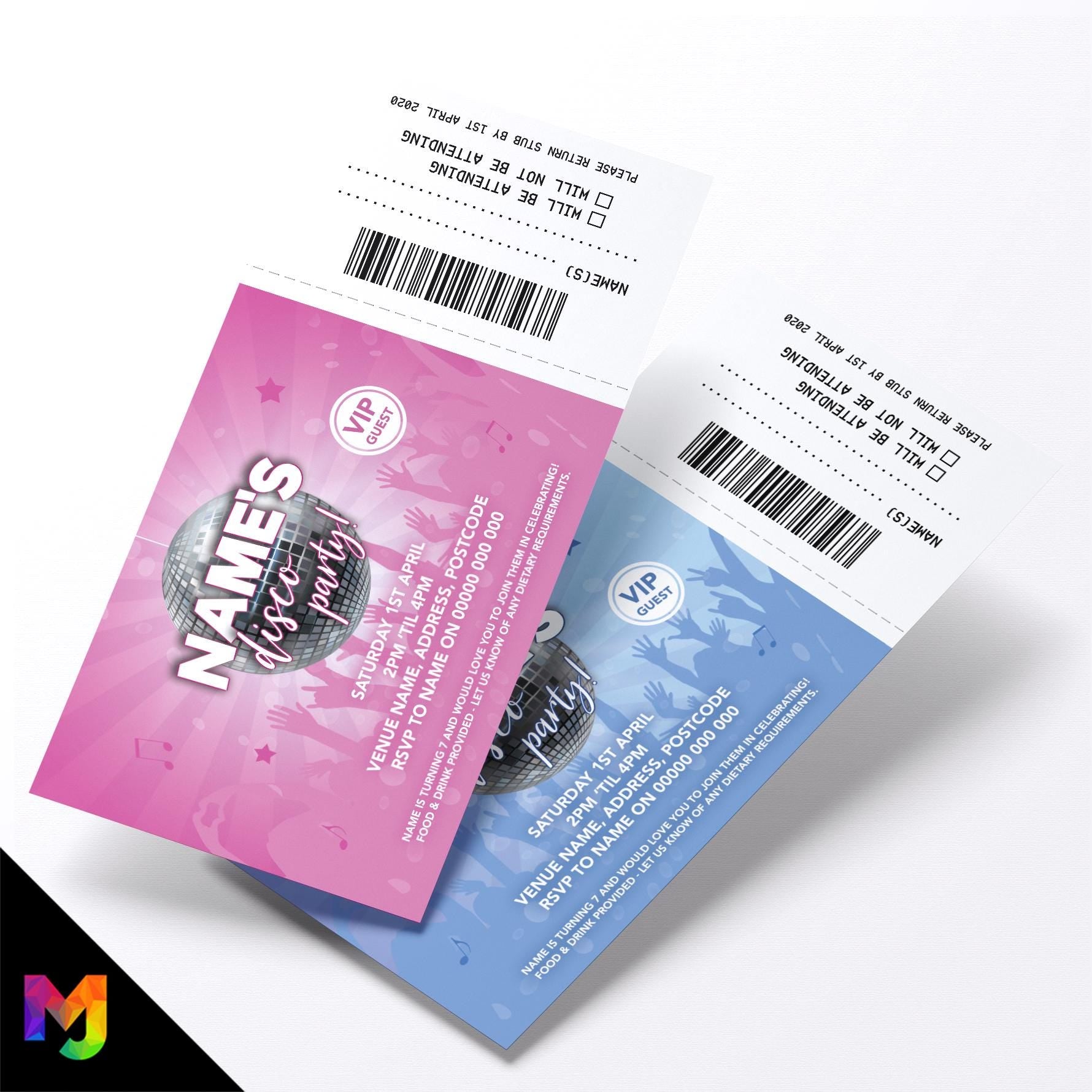 Personalised disco party ticket style birthday invitations invites | Perforated | Music dancing club fun friends boys girls pink blue