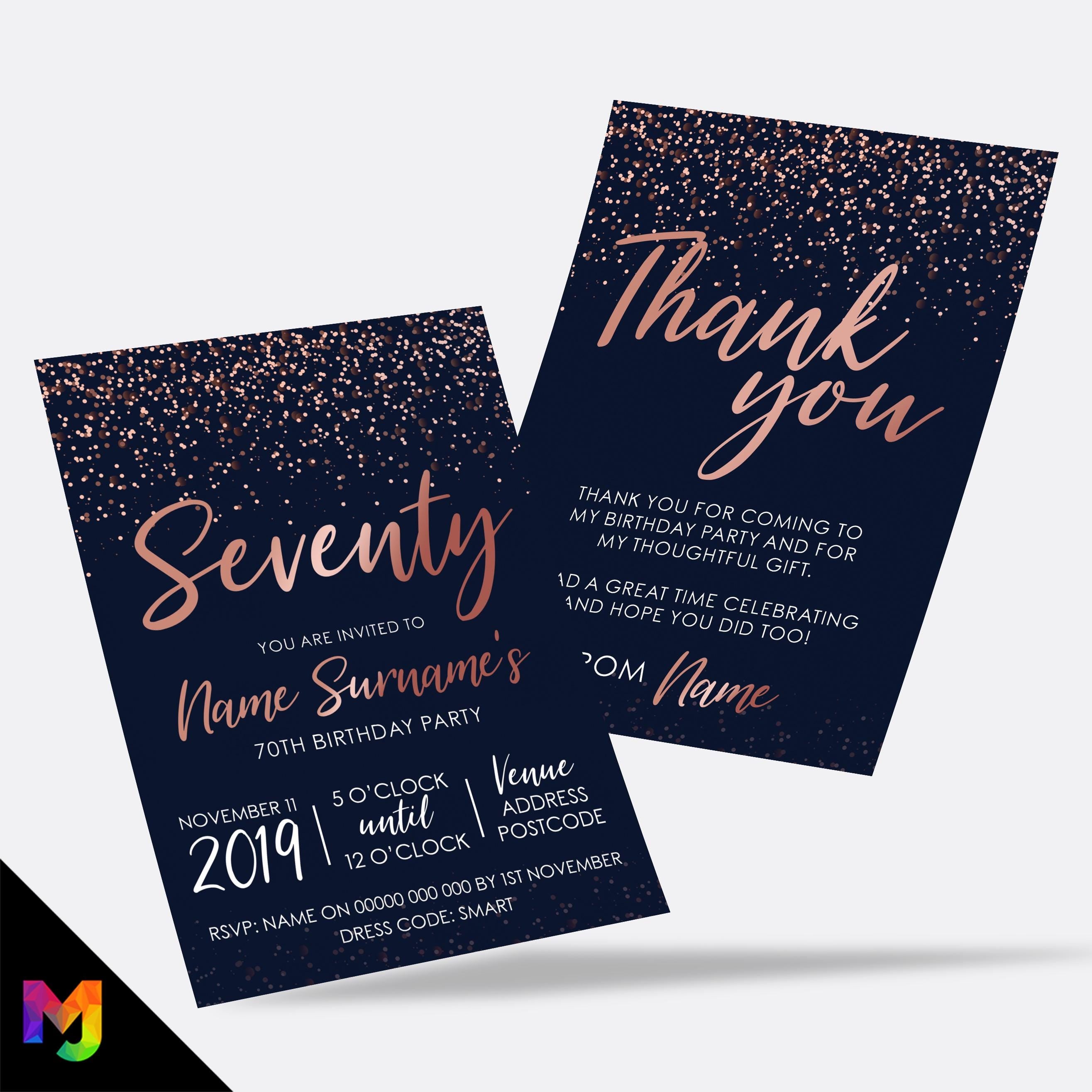 Personalised 70th birthday party Invitations Invites | Navy rose gold glitter style modern design