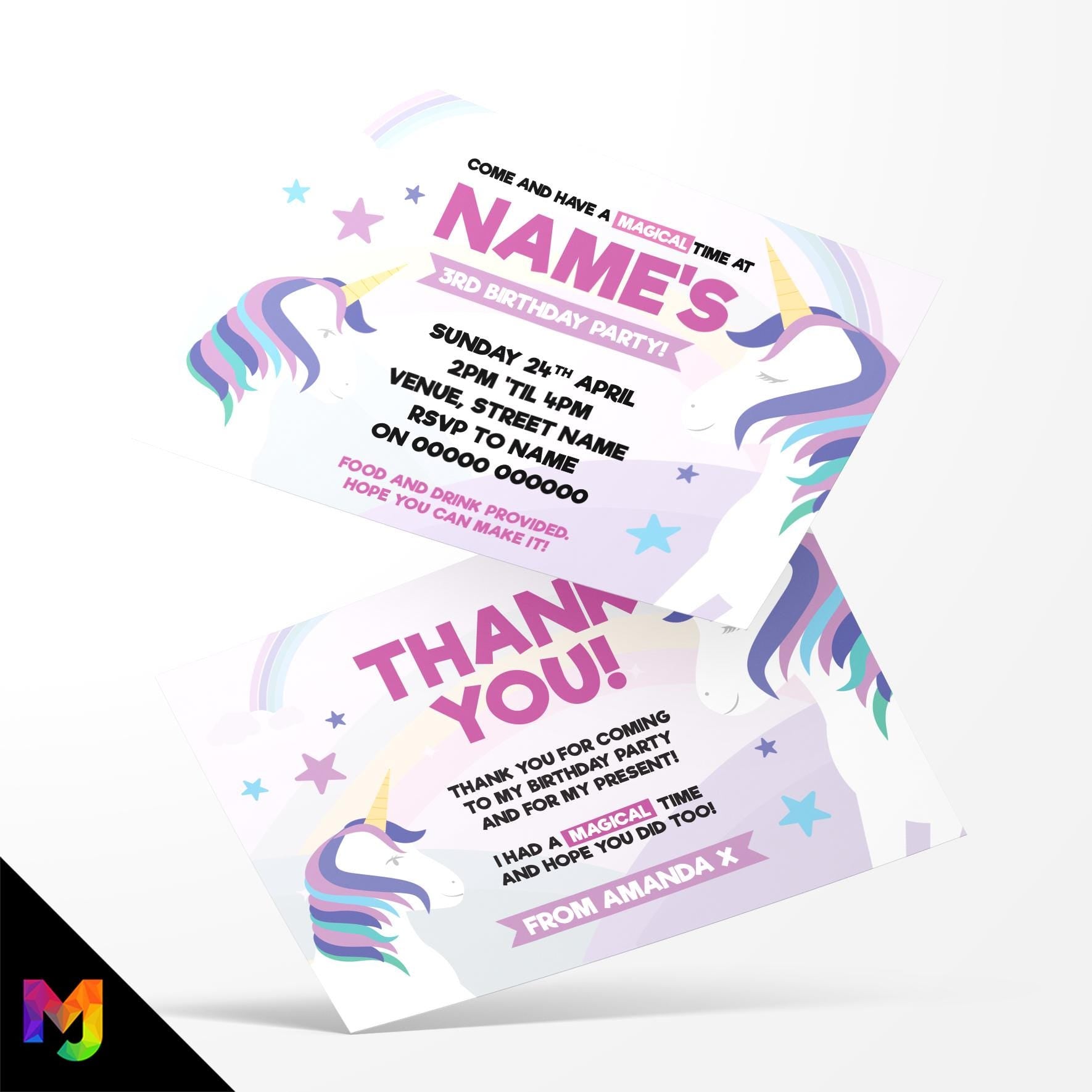 Personalised Unicorn style Invitations Invites & thank you cards | Girls cute pink purple blue
