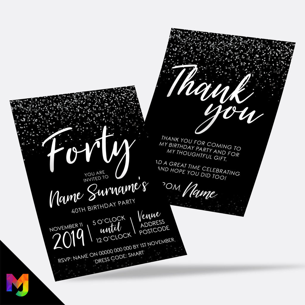 Personalised 40th birthday party Invitations Invites | Black white silver glitter modern design