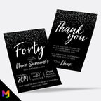 Personalised 40th birthday party Invitations Invites | Black white silver glitter modern design