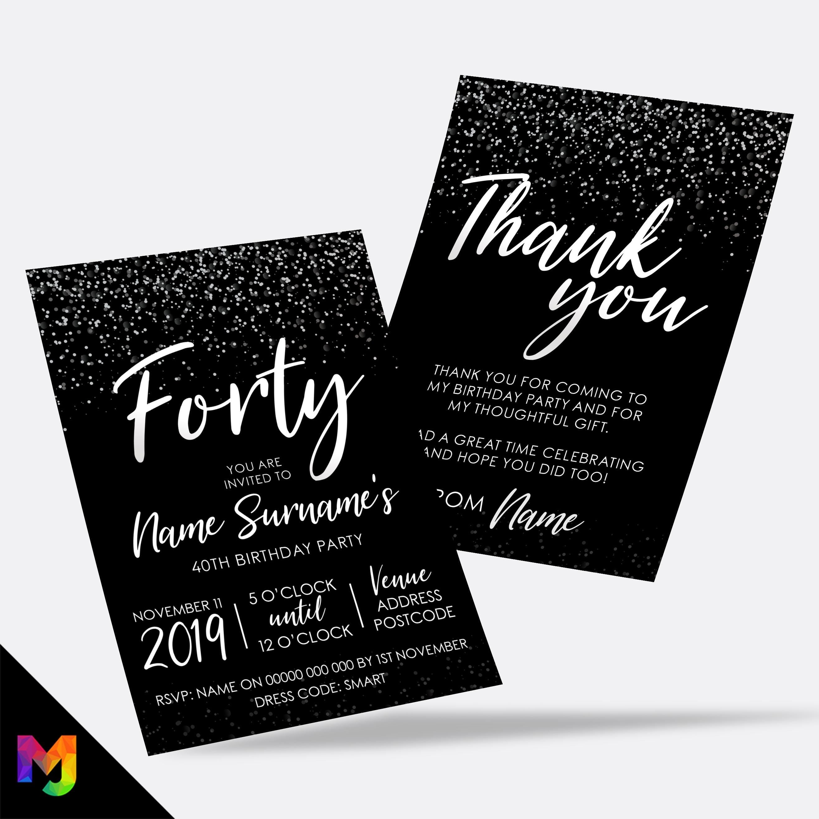 Personalised 40th birthday party Invitations Invites | Black white silver glitter modern design