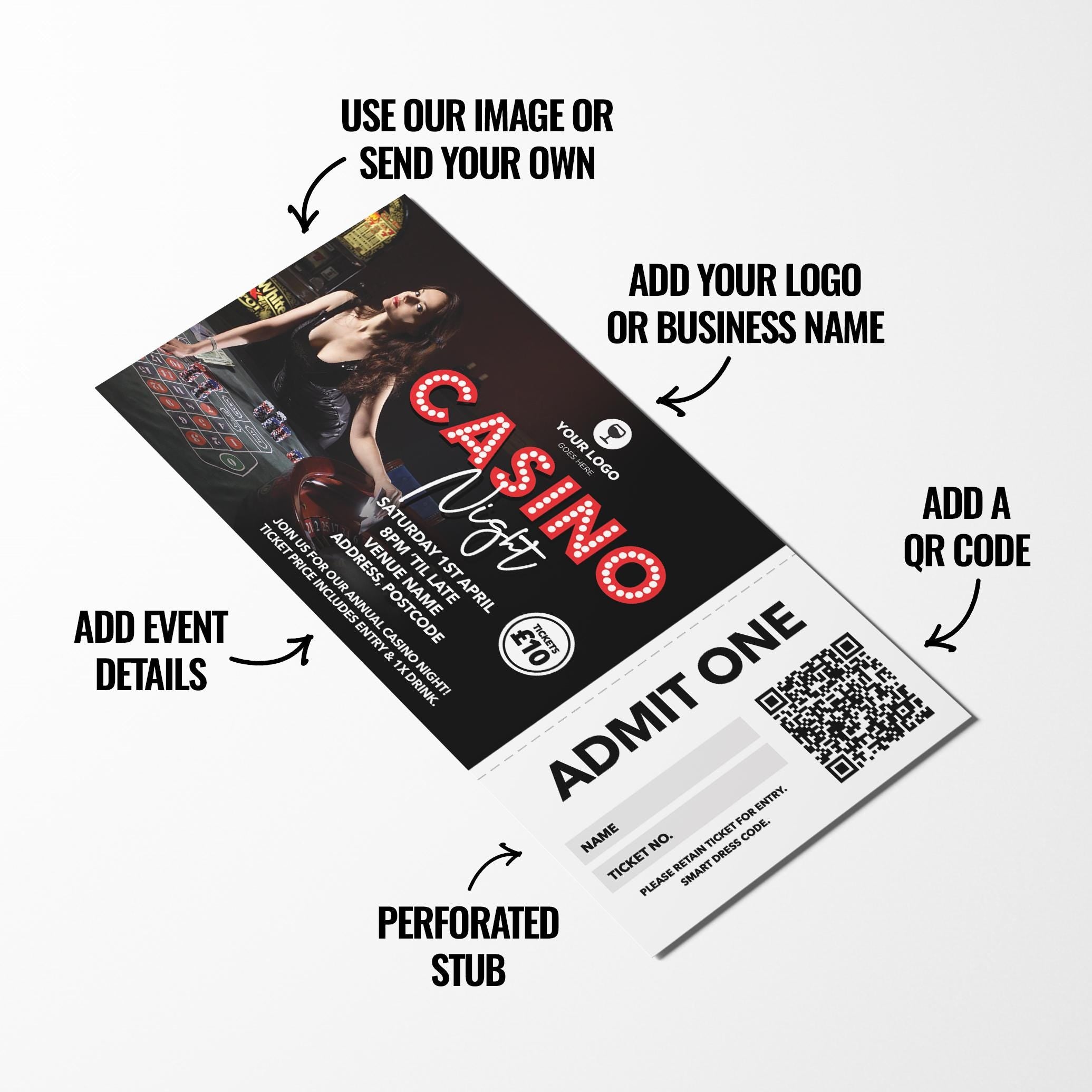 Custom casino night event tickets | Perforated stubs | Gamble casino gambling event pub charity event 2
