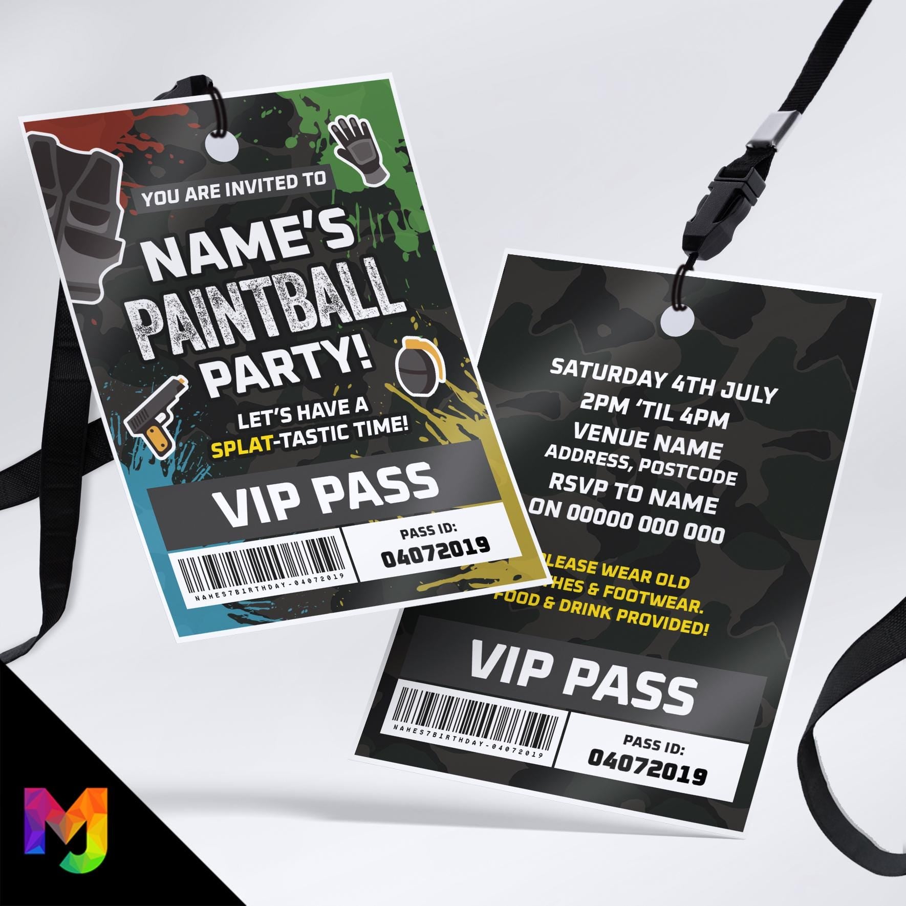 Personalised paint ball paint-balling party style VIP pass & lanyard Invitations Invites | Battle pass