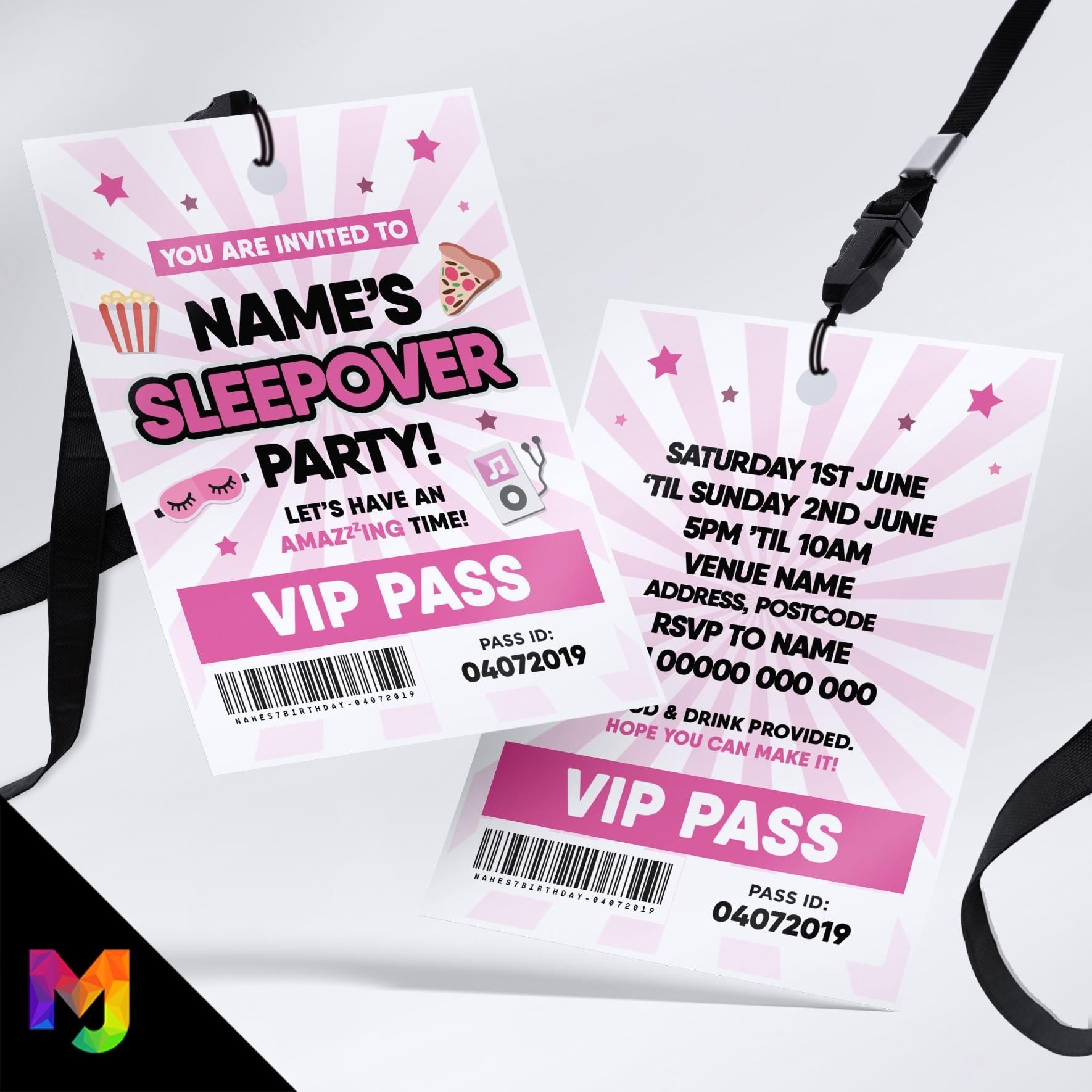 Personalised pink sleepover slumber party style VIP pass & lanyard Invitations Invites