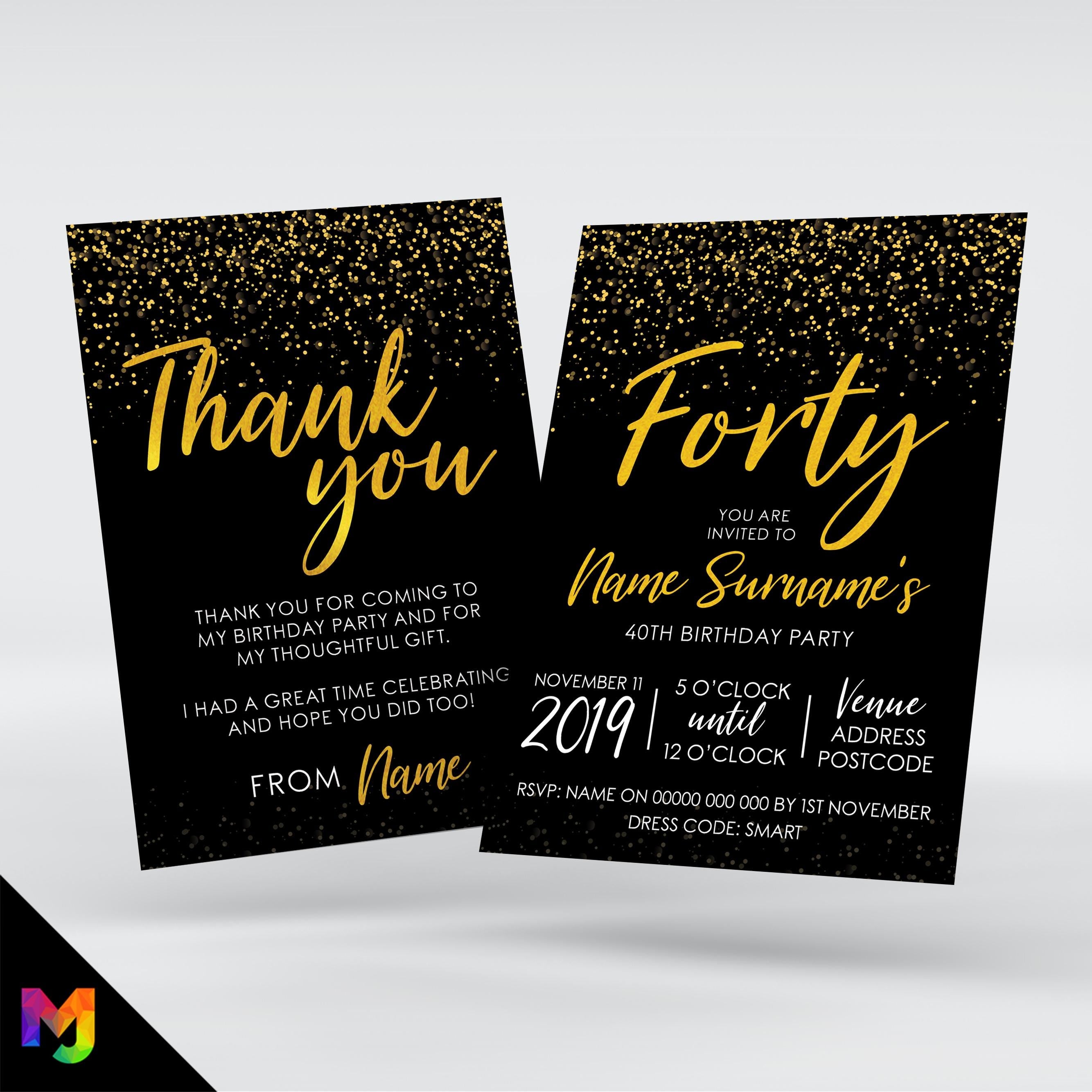 Personalised 40th birthday party Invitations Invites | Gold black glitter modern design