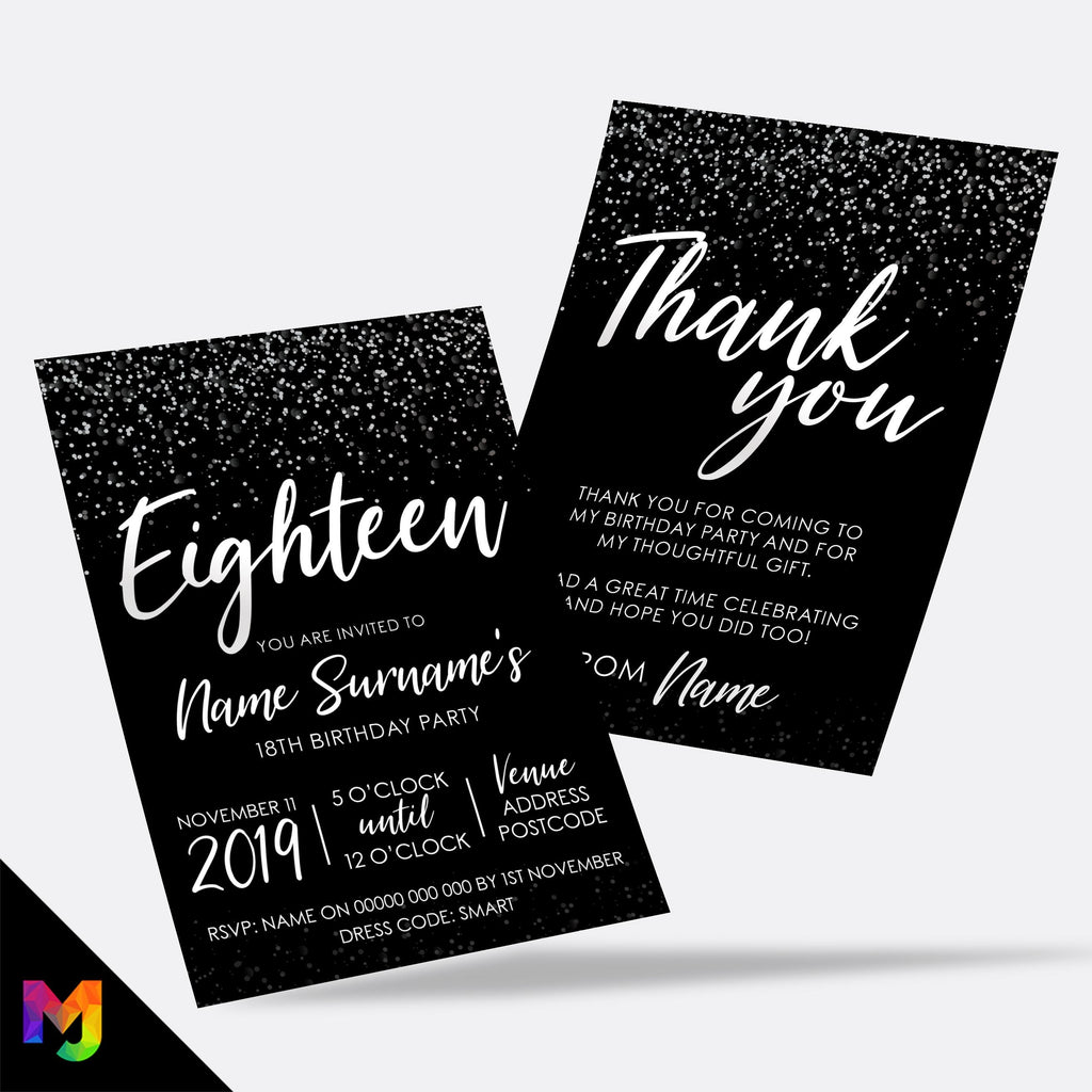 Personalised 18th birthday party Invitations Invites | Black white silver glitter modern design