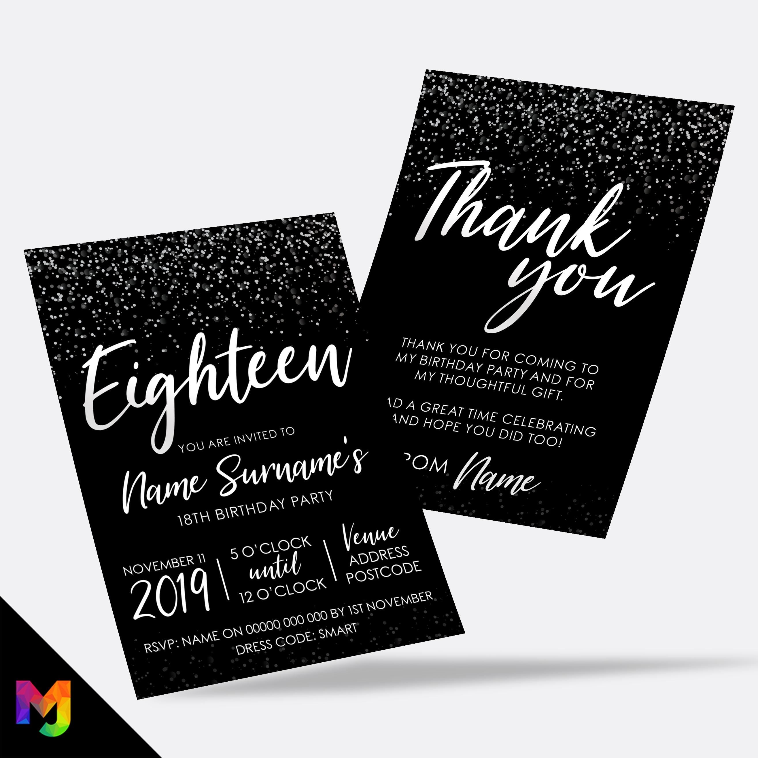 Personalised 18th birthday party Invitations Invites | Black white silver glitter modern design