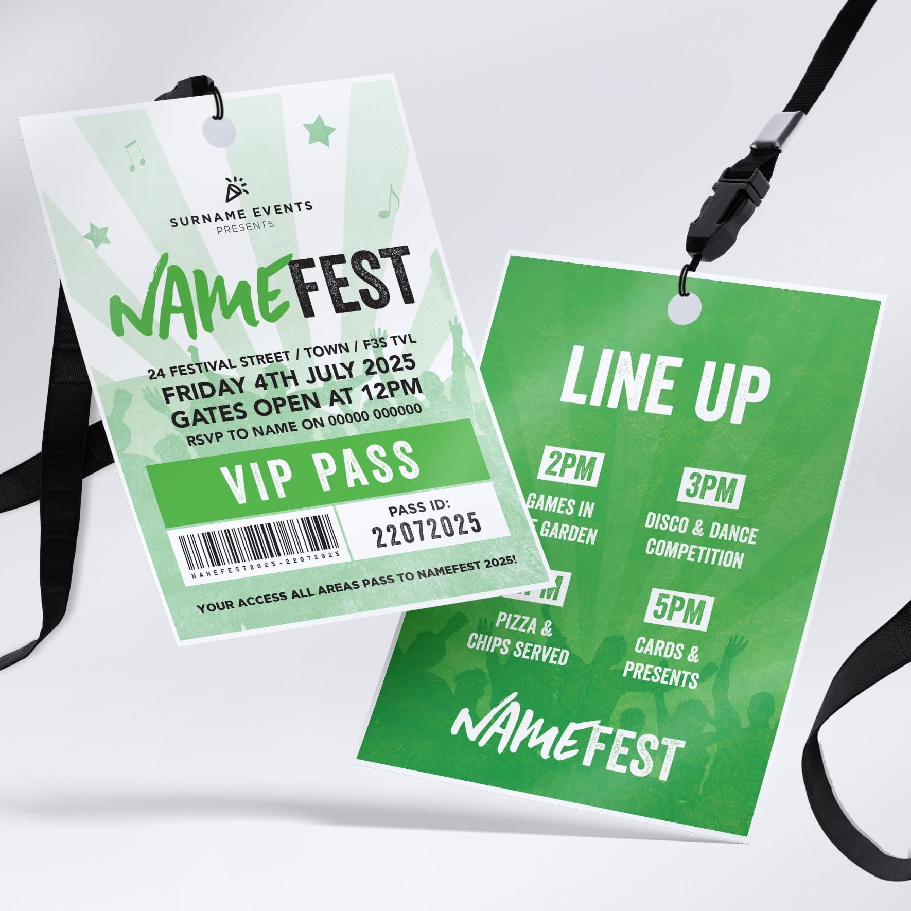 Personalised festival style VIP pass & lanyard Invitations Invites | Any colour | Music summer fest