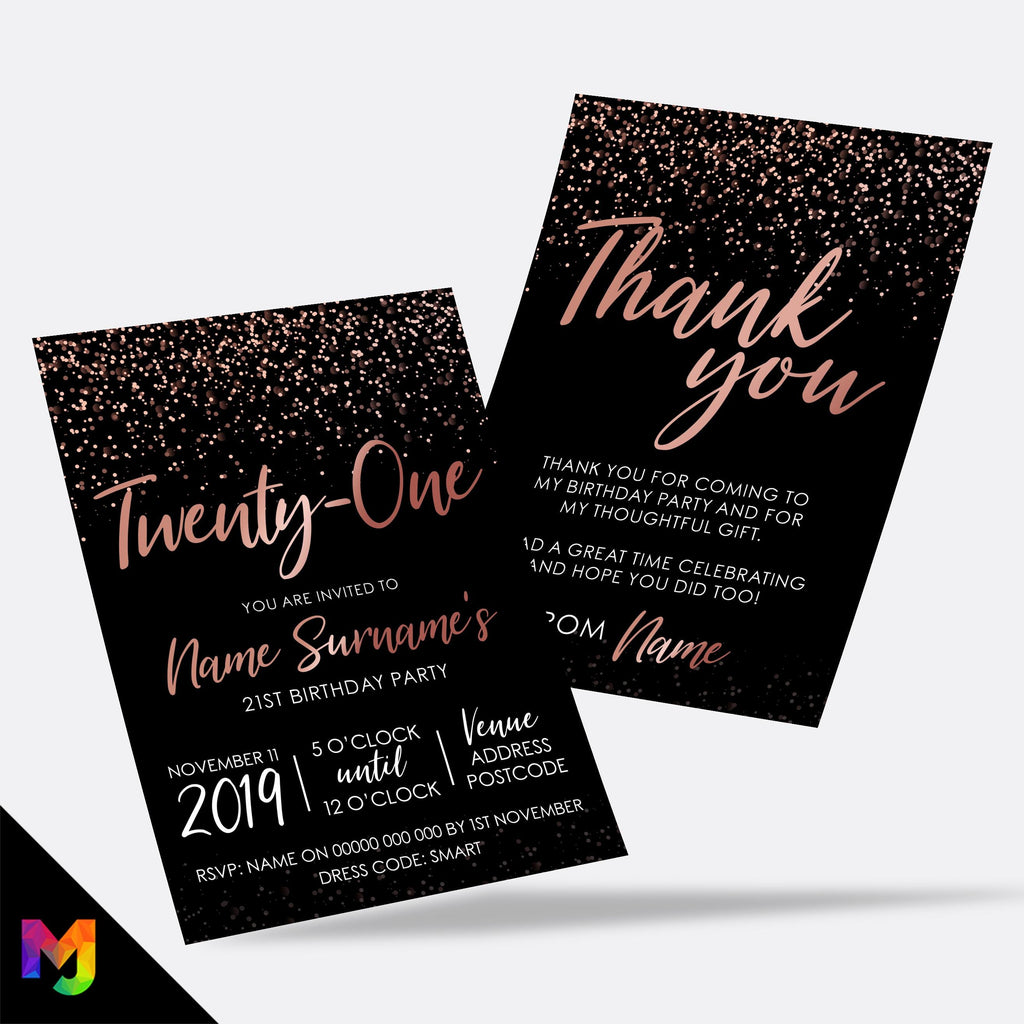 Personalised 21st birthday party Invitations Invites | Rose gold black glitter modern design