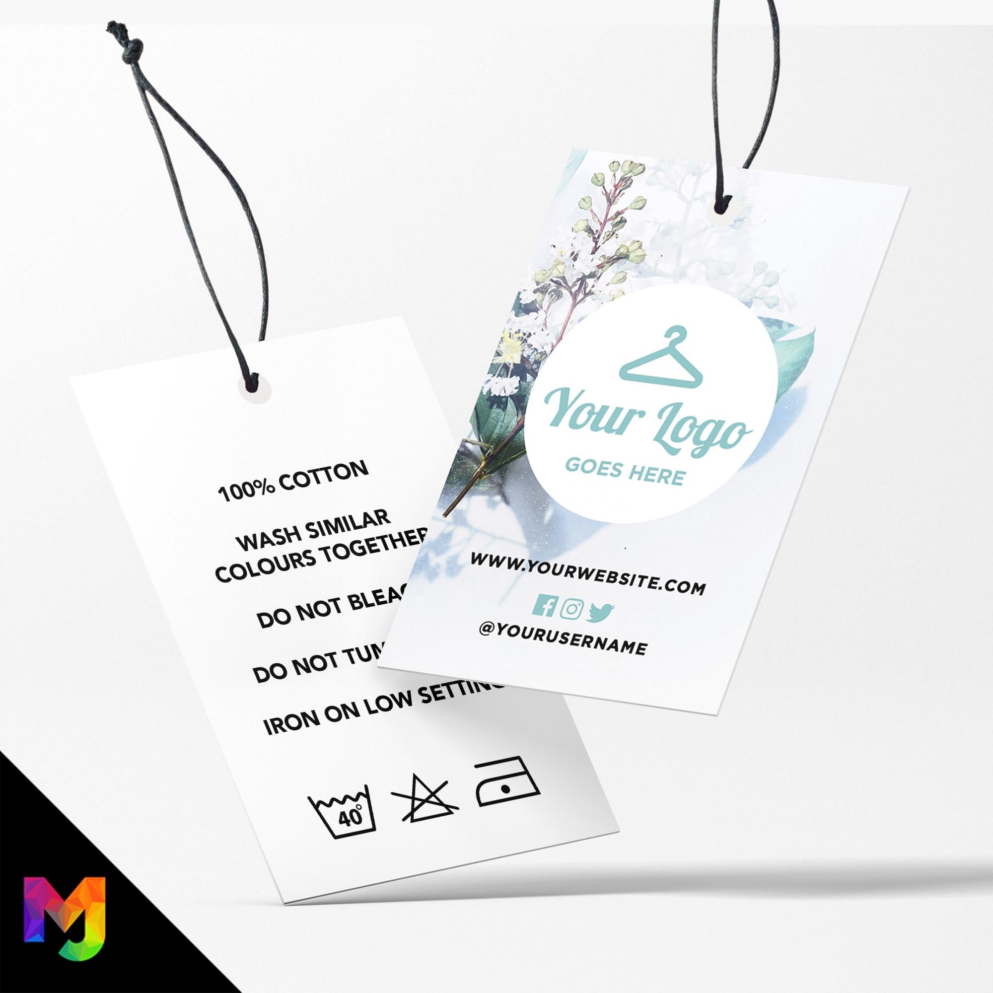 Custom printed clothing swing tags cards | Teal blue floral flowers feminine design