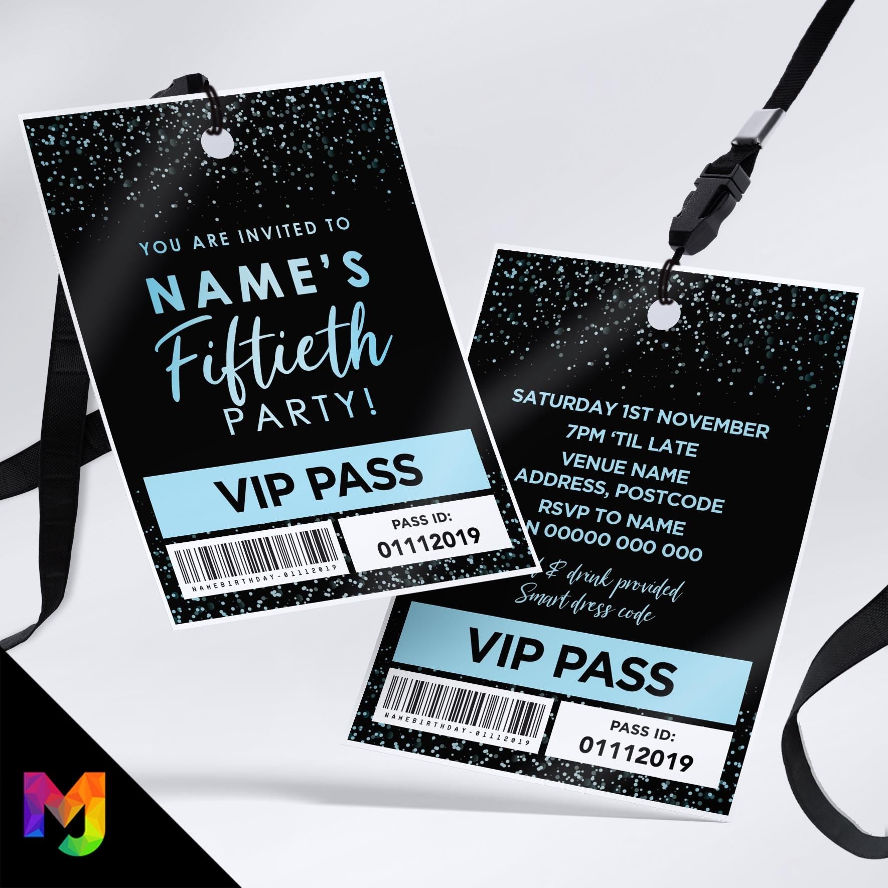 Personalised 50th birthday style VIP pass & lanyards | Blue black glitter design | ANY AGE!