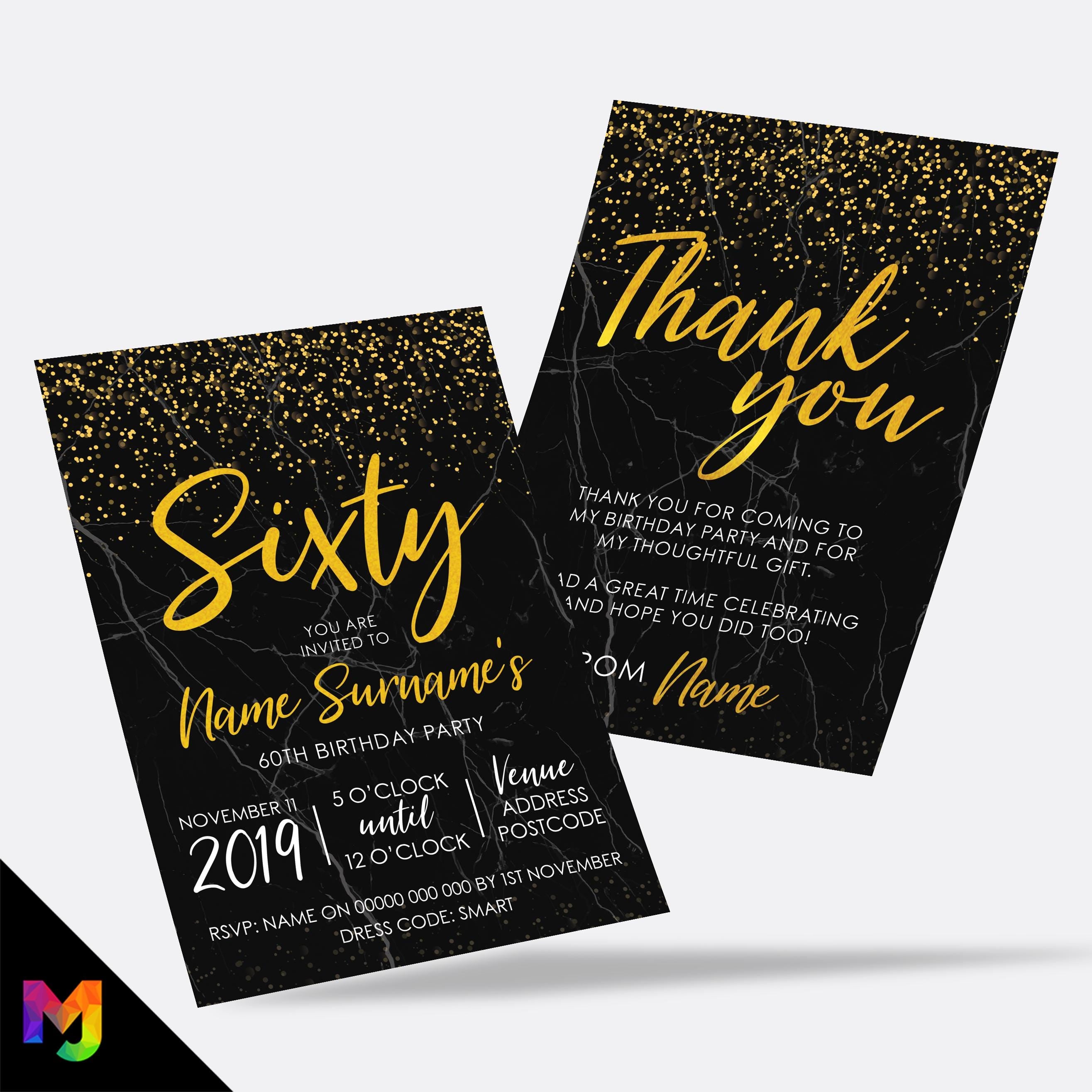 Personalised 60th birthday party Invitations Invites | Black marble gold glitter modern design