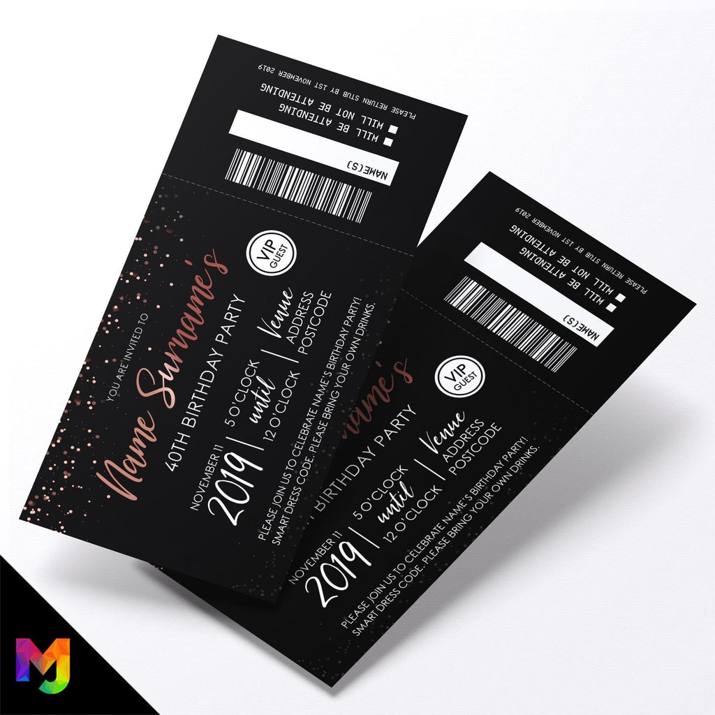 Personalised 40th birthday party rose gold glitter ticket style Invitations Invites | Perforated | Any age!
