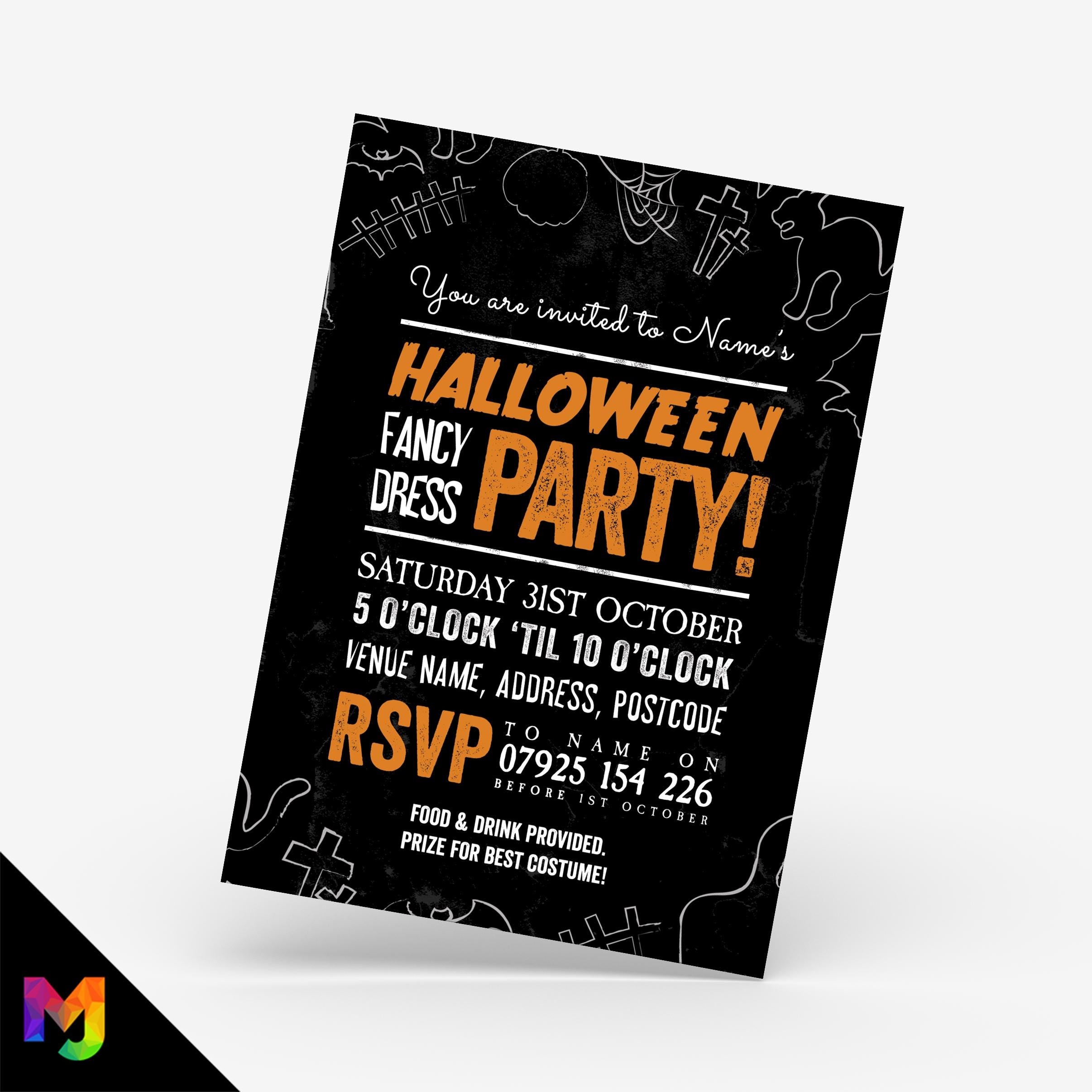 Personalised Halloween party invitations | Spooky fun friends family orange black design 1