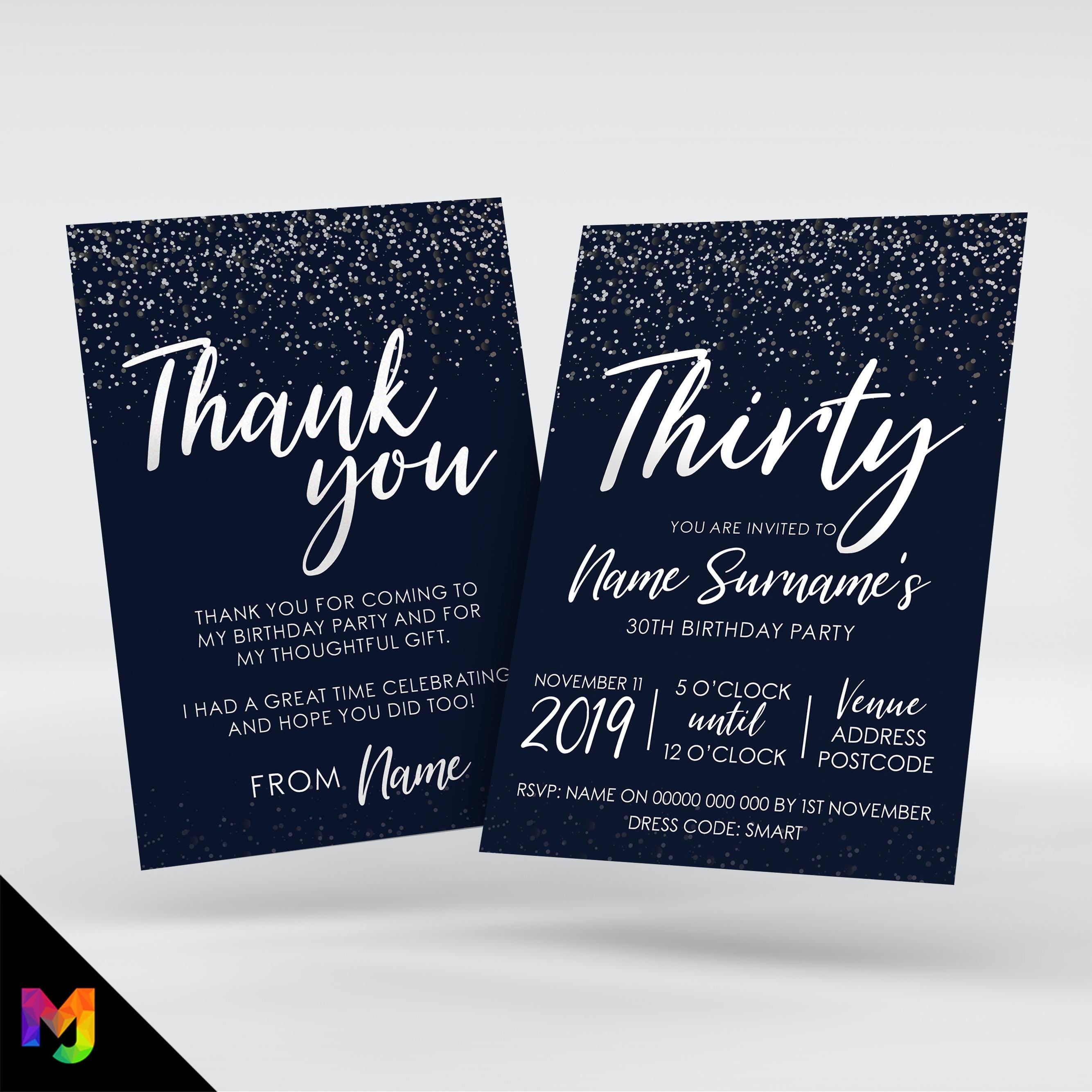 Personalised 30th birthday party Invitations Invites | Navy & white glitter style modern design