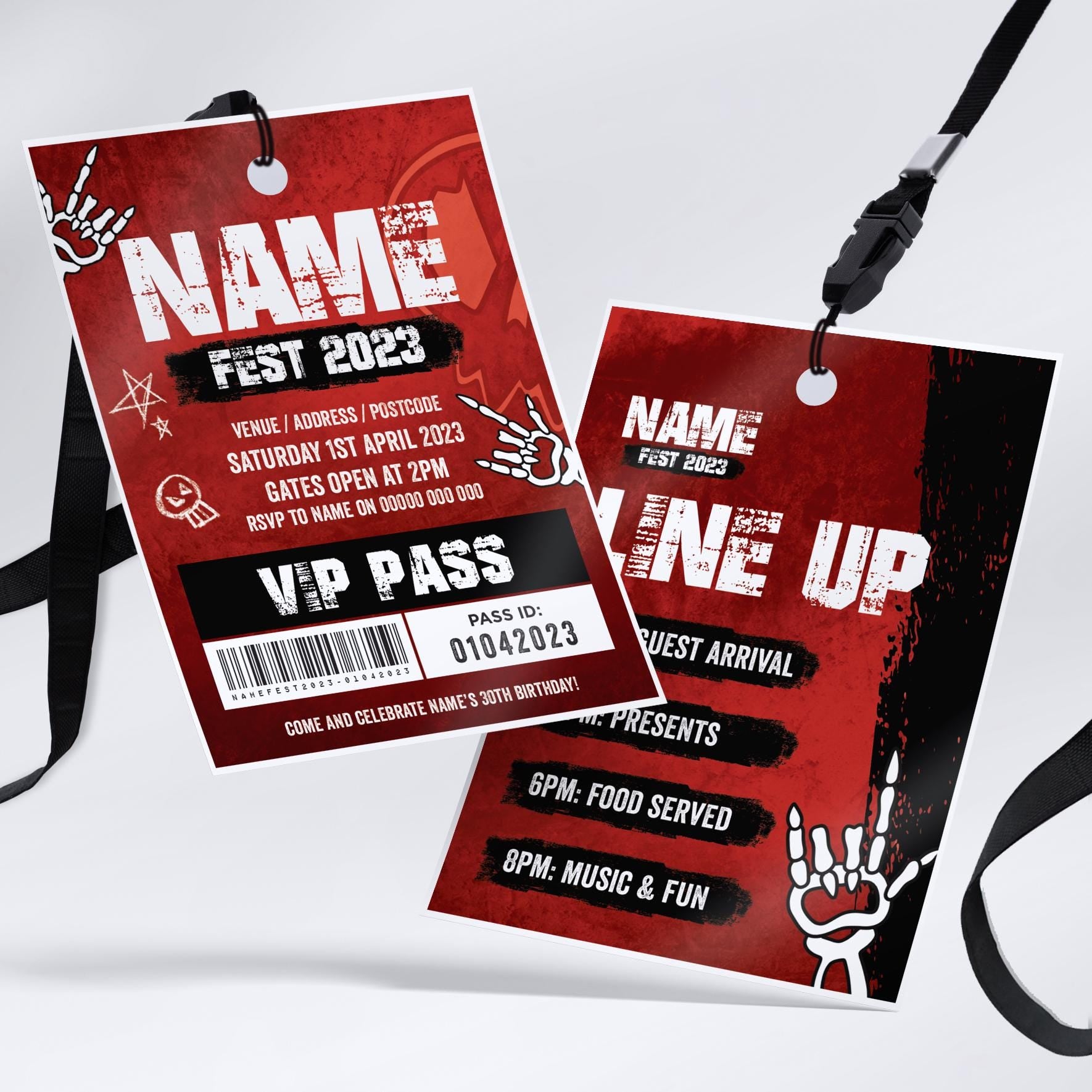 Personalised rock metal festival style VIP pass & lanyard Invitations Invites | Music summer fest