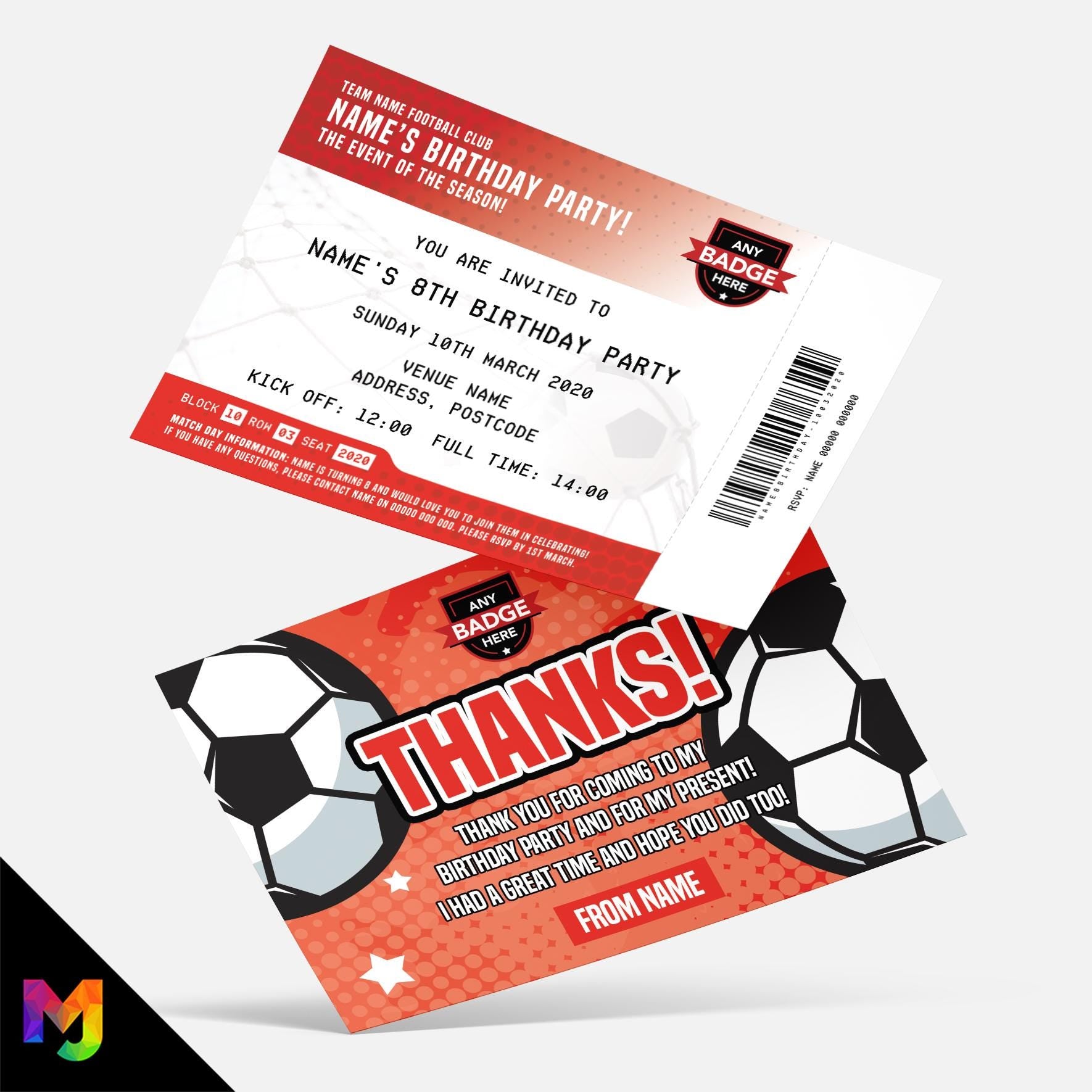 Personalised red & white football ticket style party Invitations Invites + thank you cards | Any colours!