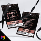Personalised 60th birthday style VIP pass & lanyards | Rose gold black glitter design | ANY AGE!