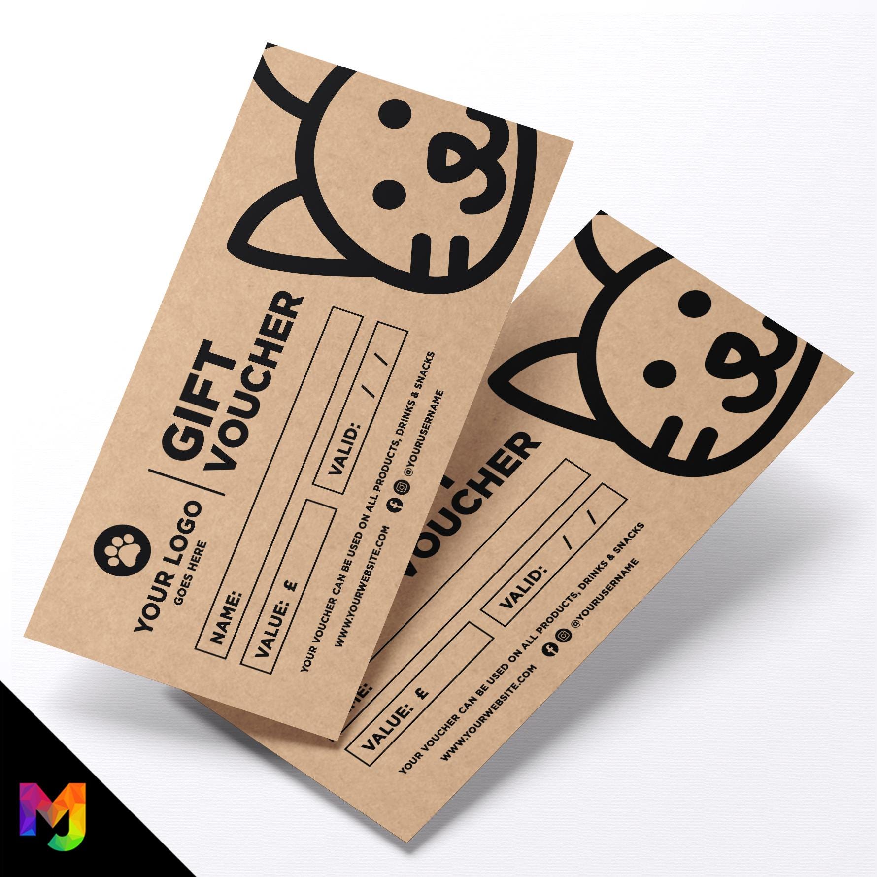 Custom printed kraft gift vouchers | Eco-friendly recycled | Cat Pets Shop Pet Walking Grooming Supplies Puppy Animals Business 3