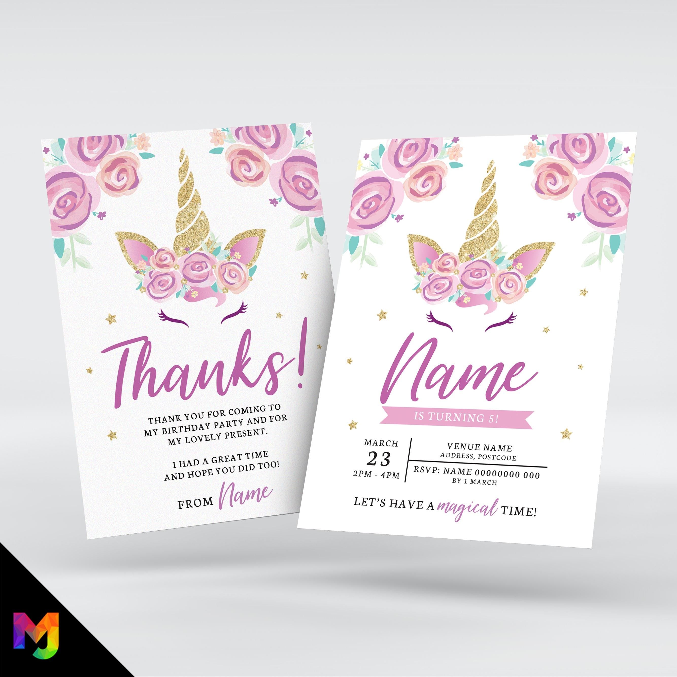 Personalised Unicorn flowers style Invitations Invites & thank you cards