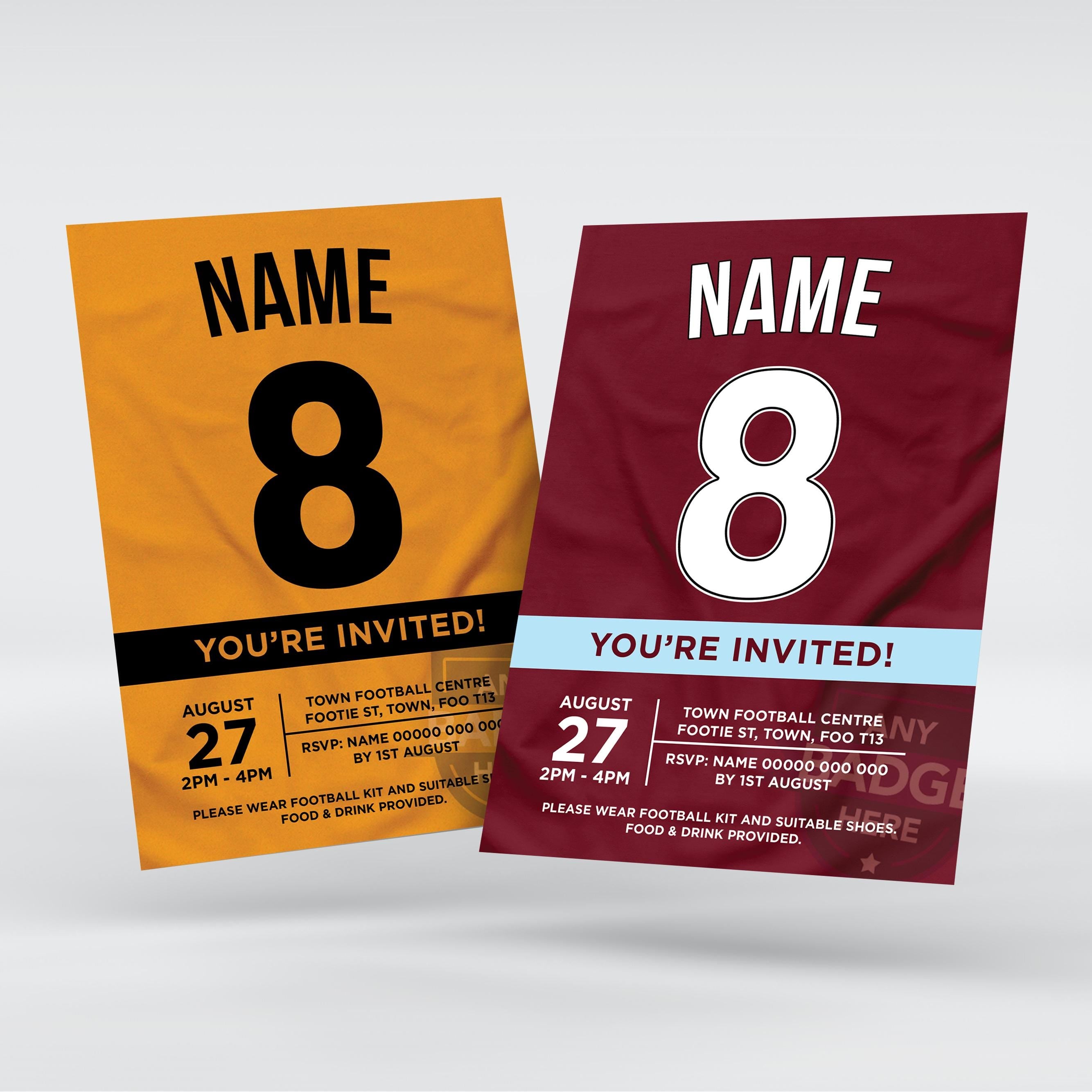 Personalised football shirt style Invitations Invites + thank you cards | Any colours!