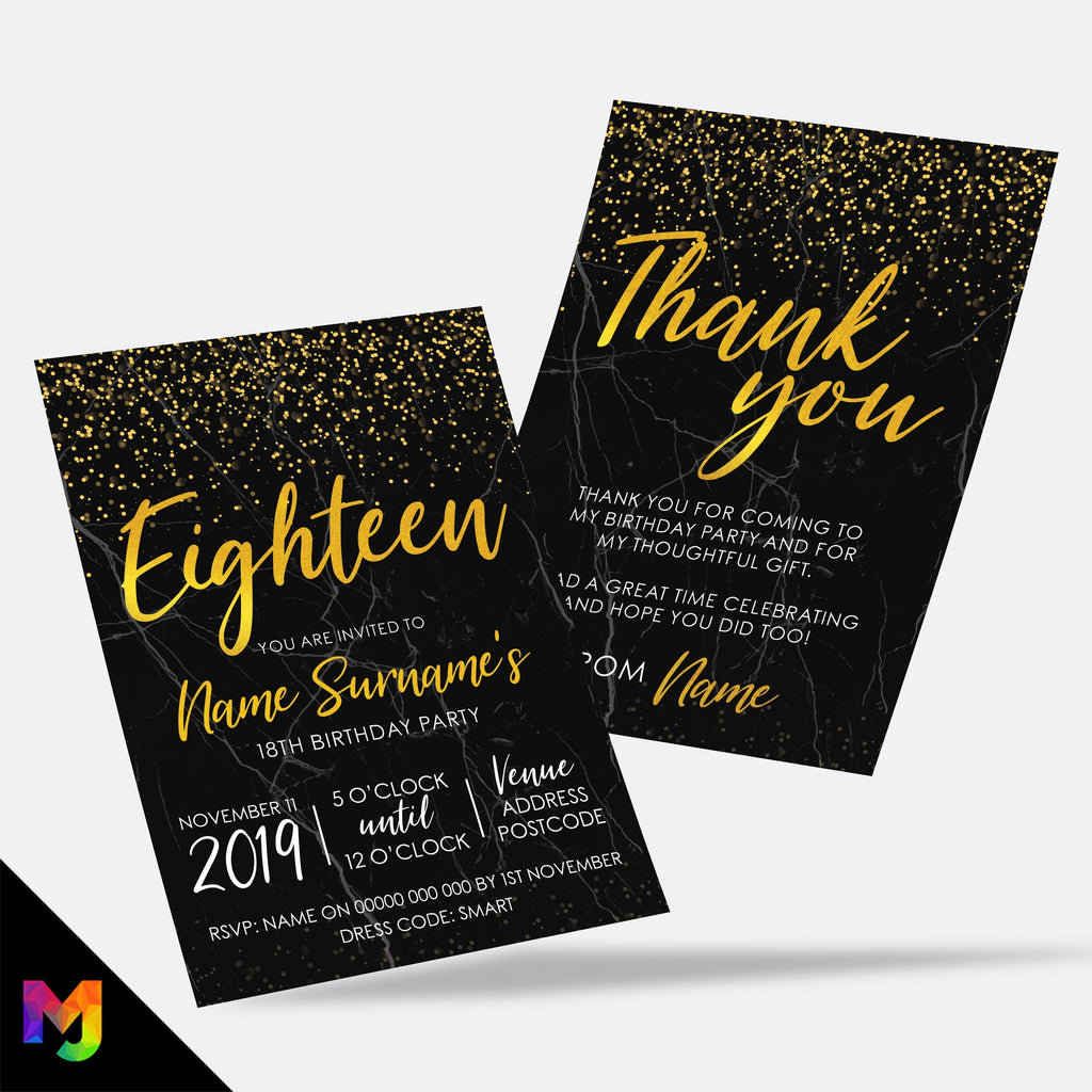 Personalised 18th birthday party Invitations Invites | Black marble gold glitter modern design
