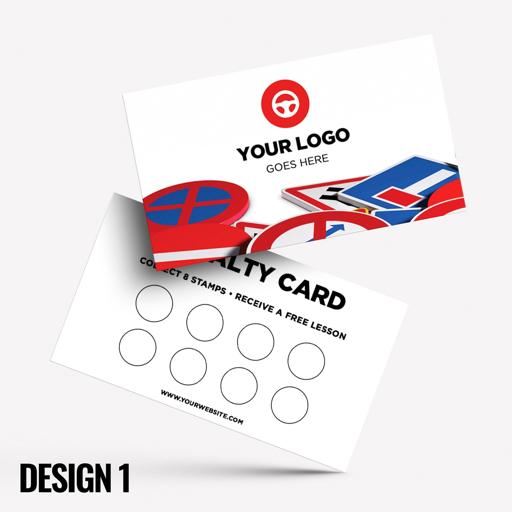 Custom printed loyalty reward cards | Driving school instructor drive lesson learner learn car street roads businesses
