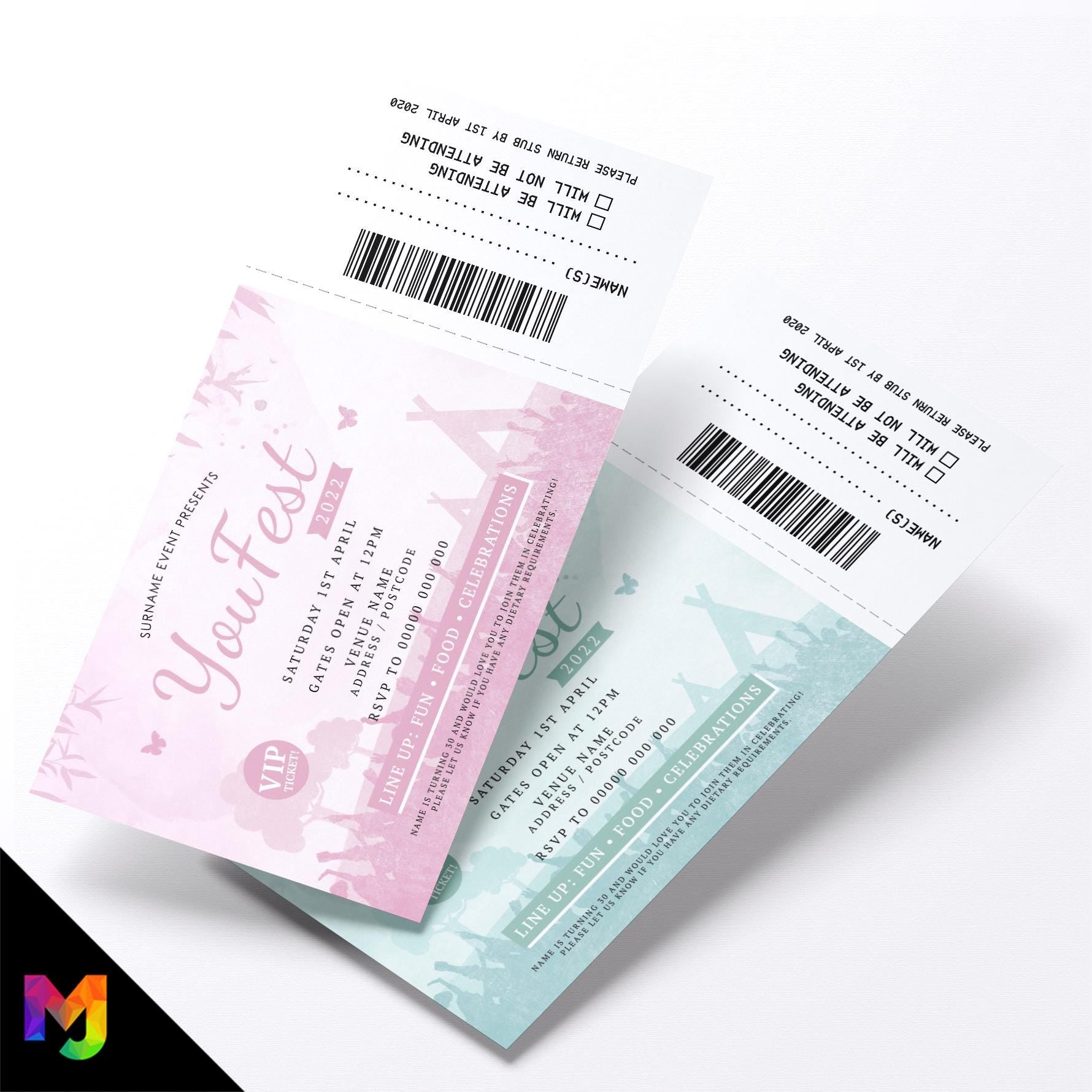 Personalised boho / chic festival VIP ticket style party Invitations Invites | Perforated stubs