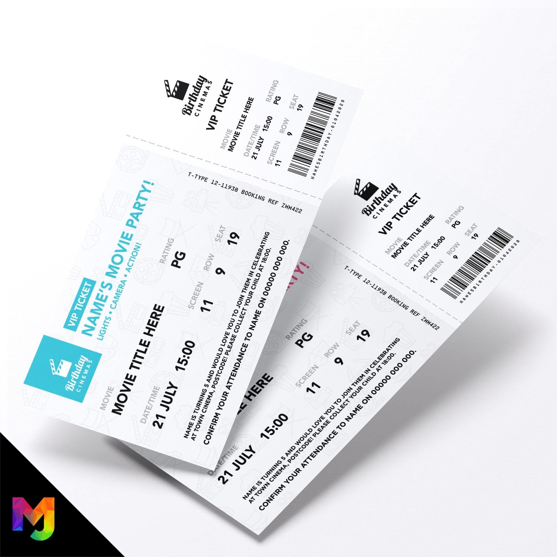 Personalised cinema party film movie ticket style Invitations Invites | Perforated | Popcorn sweets fun friends kids boys girls adults