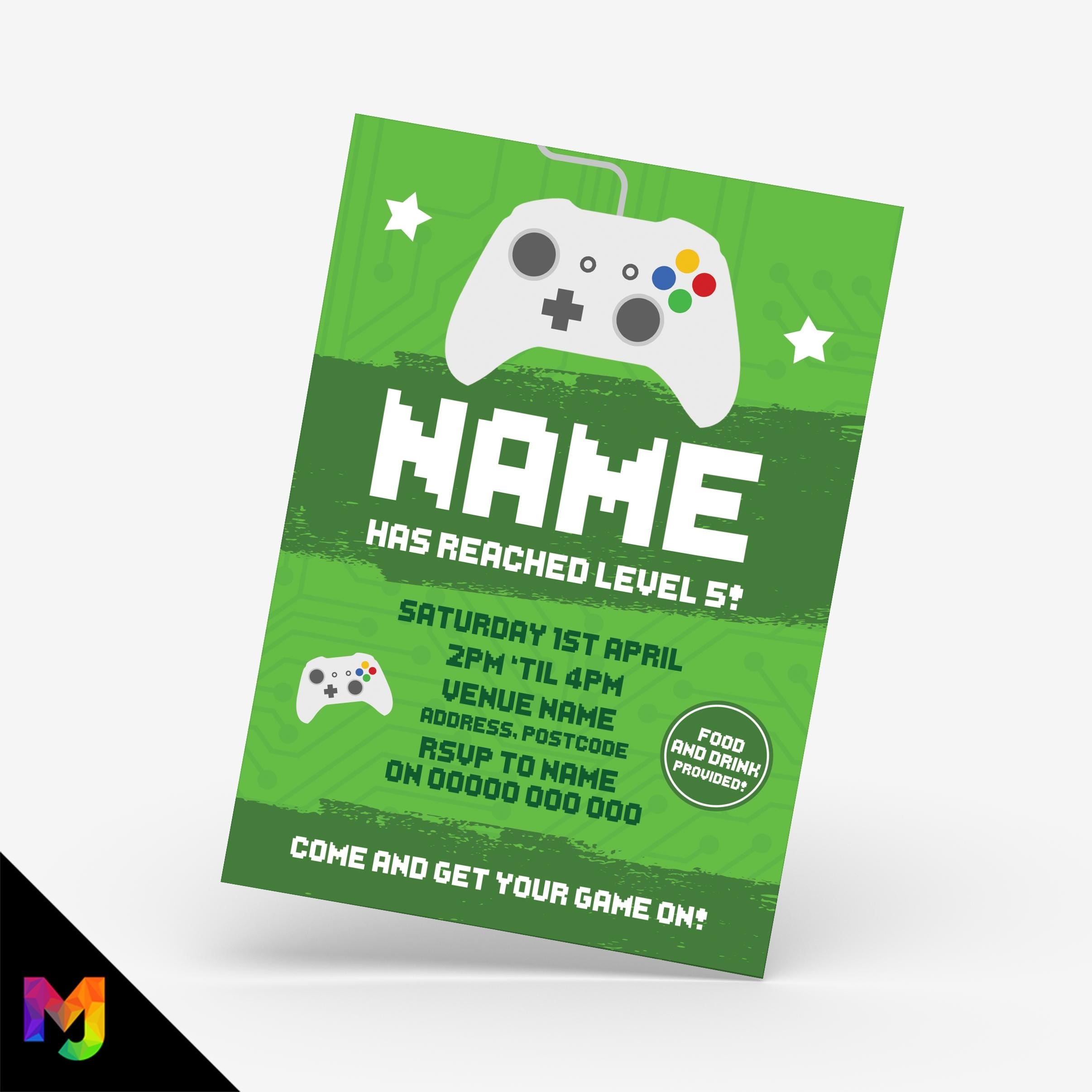 Personalised gaming controller style Invitations Invites | Green gamer game battle