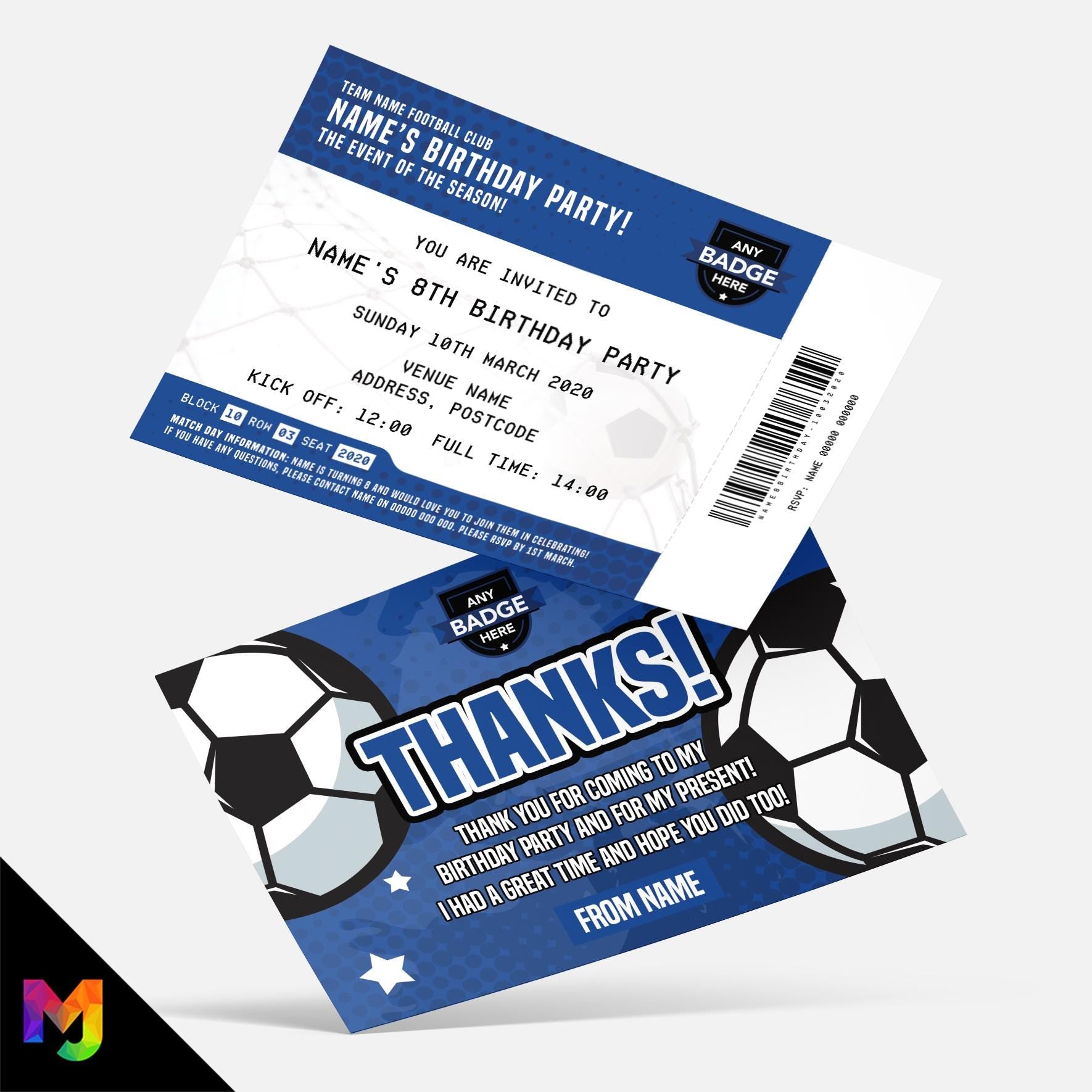 Personalised blue football ticket style party Invitations Invites + thank you cards | Any colours!