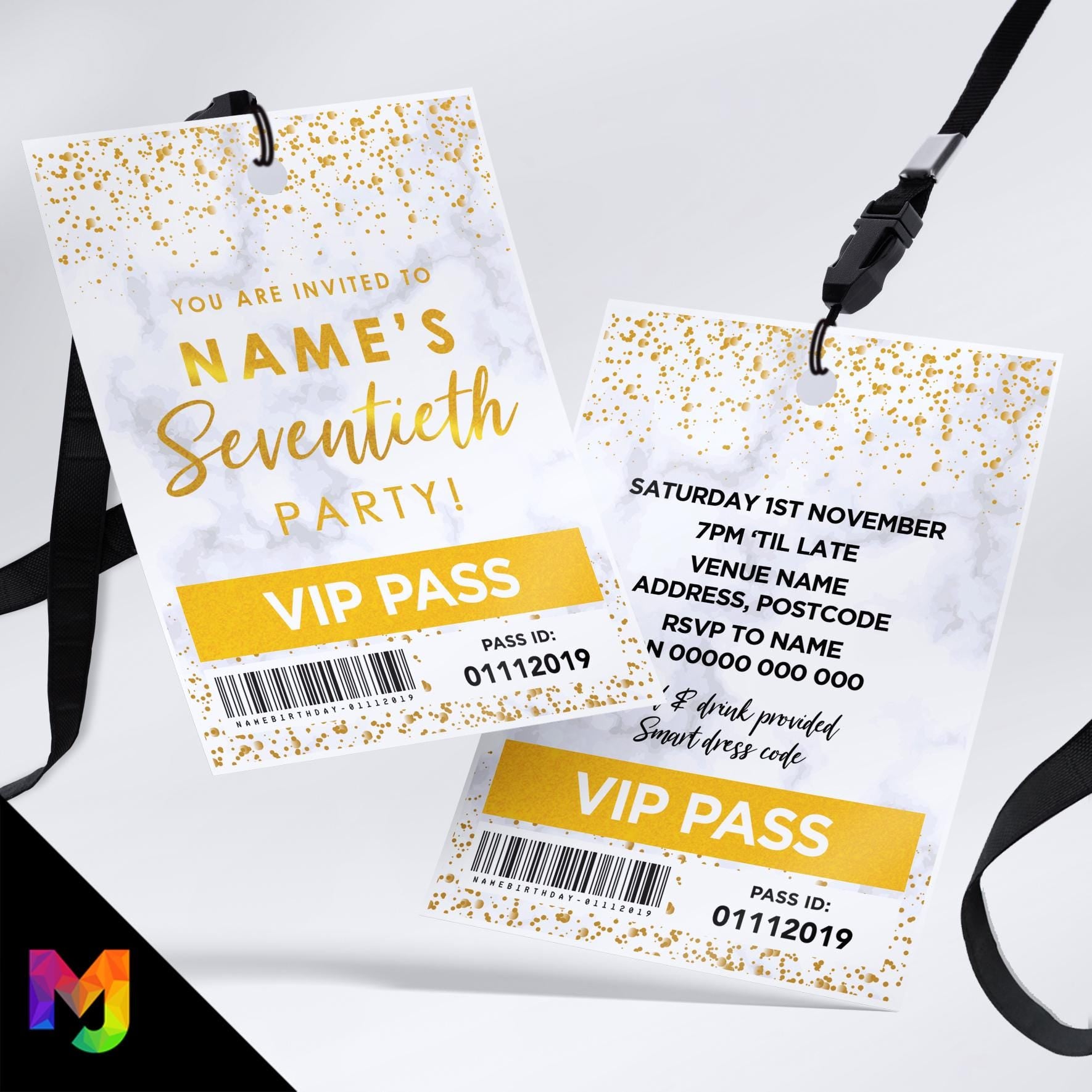 Personalised 70th birthday style VIP pass & lanyards | Marble gold design | ANY AGE!