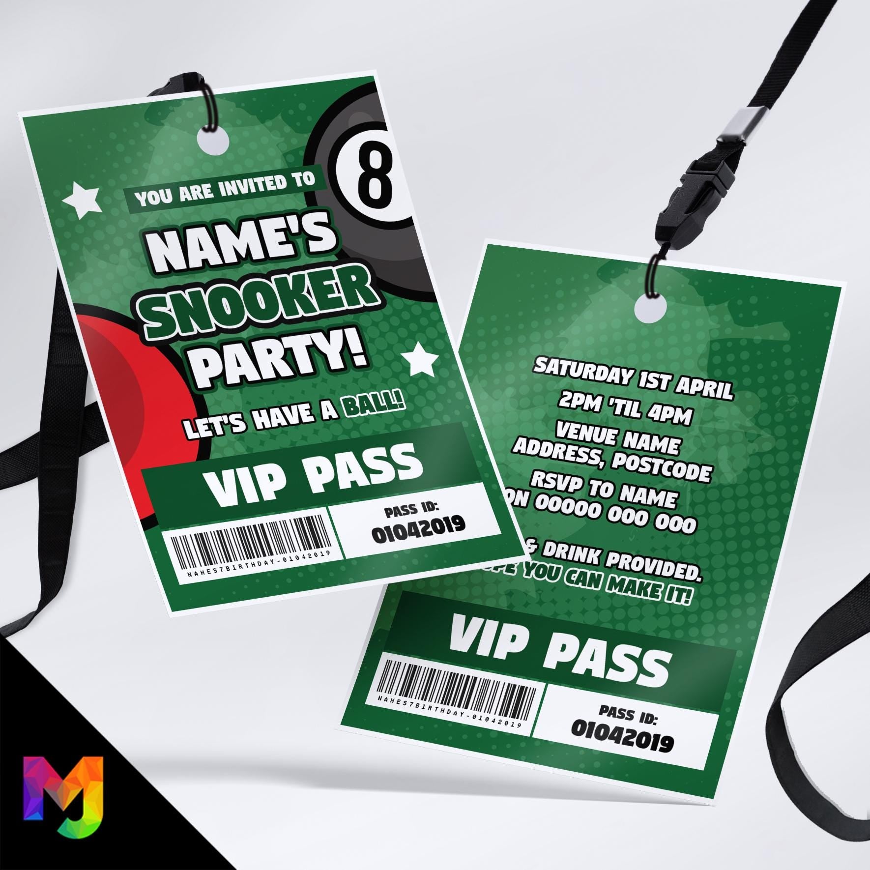 Personalised snooker pool / sports party style VIP pass & lanyards