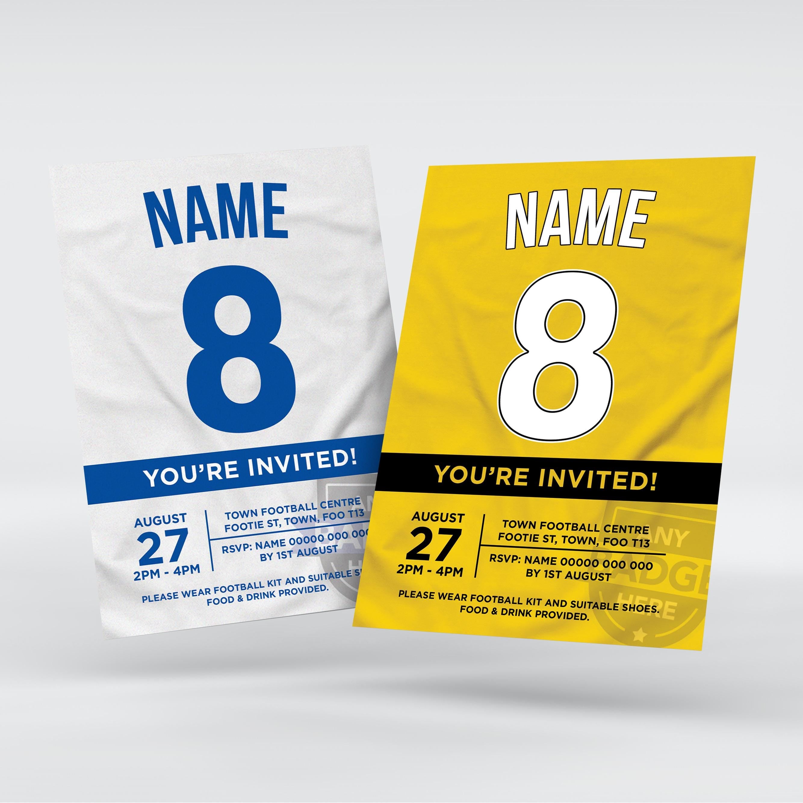 Personalised football shirt style Invitations Invites + thank you cards | Any colours!