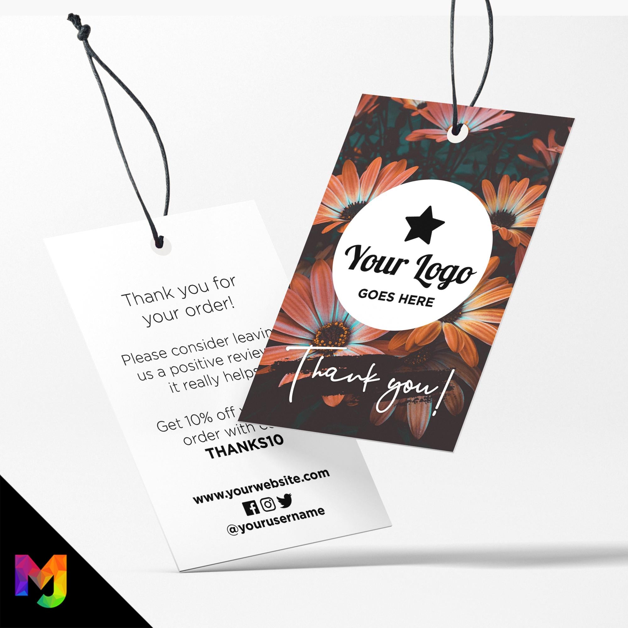 Custom printed thank you swing tags cards | Orange dark floral flowers feminine design