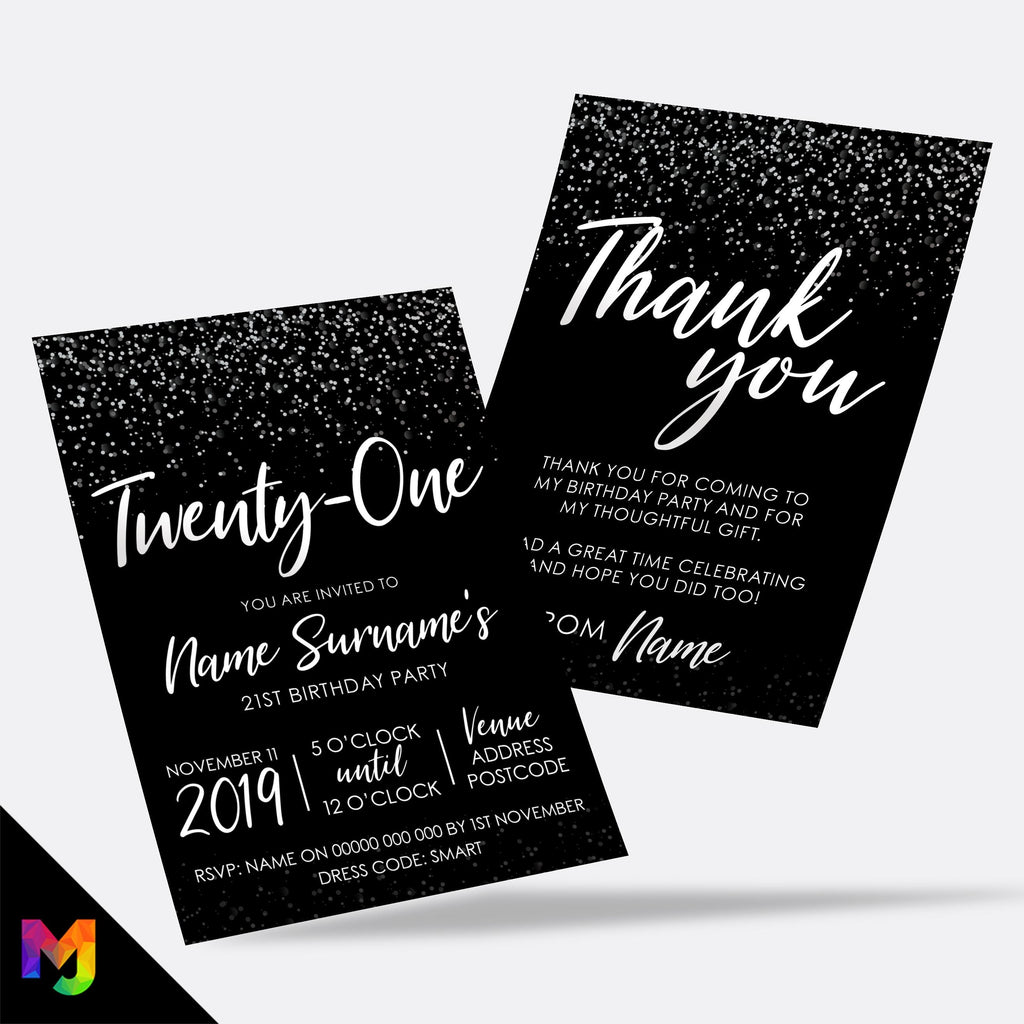 Personalised 21st birthday party Invitations Invites | Black white silver glitter modern design