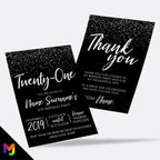 Personalised 21st birthday party Invitations Invites | Black white silver glitter modern design