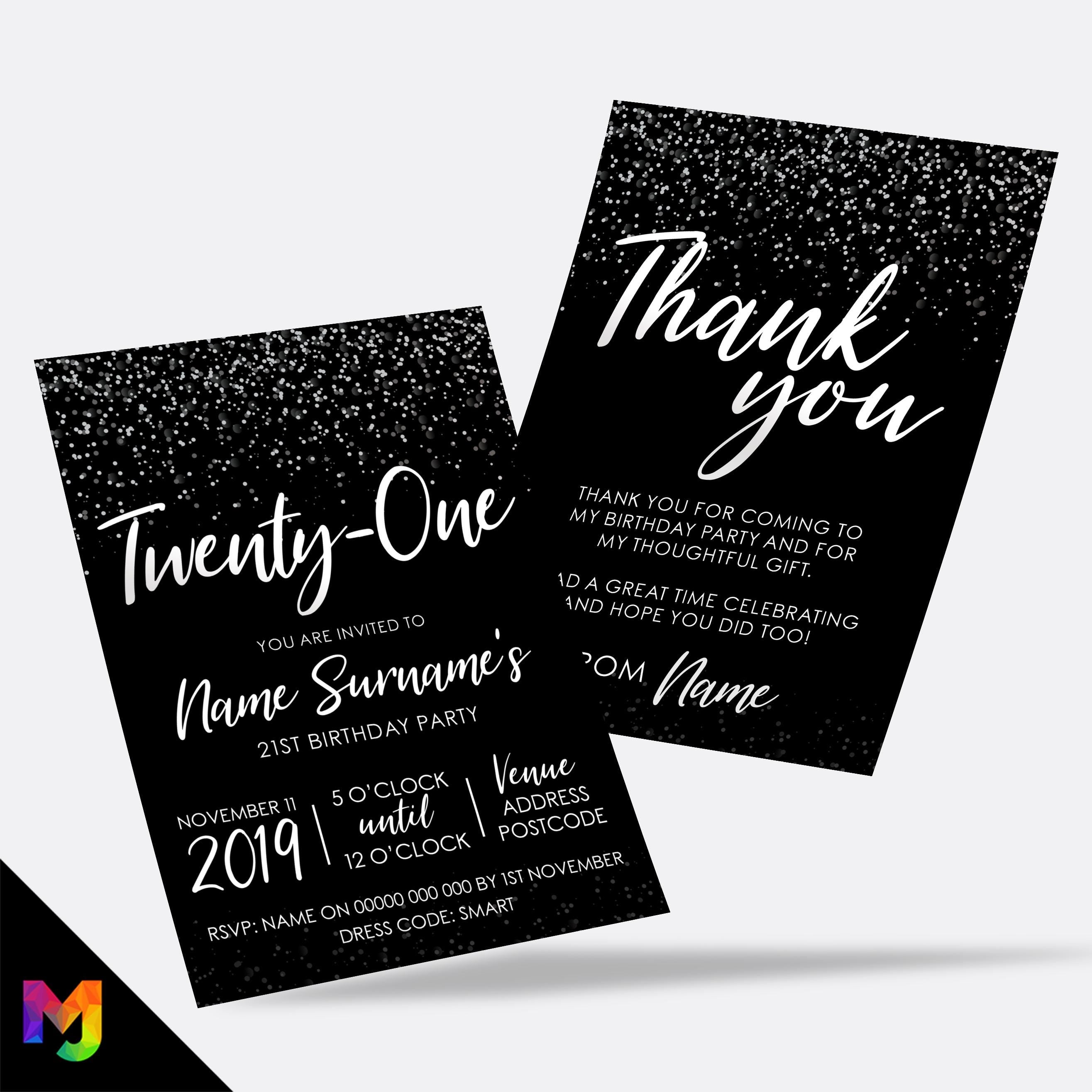 Personalised 21st birthday party Invitations Invites | Black white silver glitter modern design