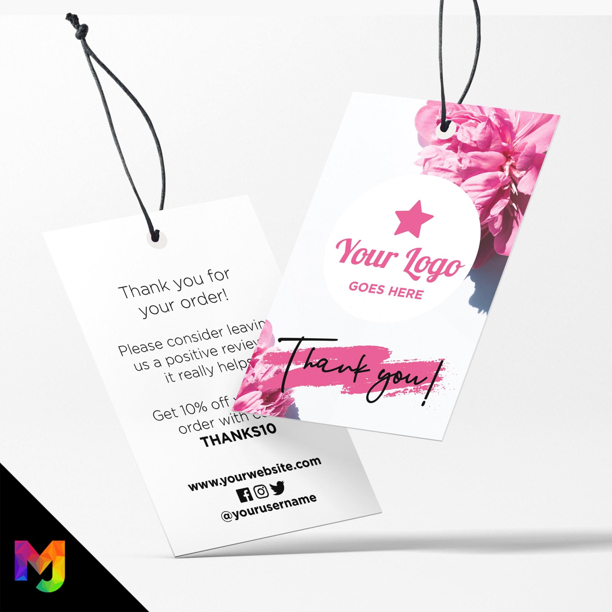 Custom printed thank you swing tags cards | Pink roses floral flowers feminine design