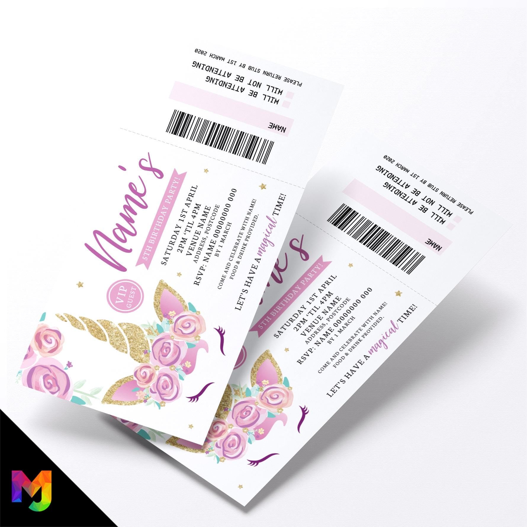 Personalised unicorn flowers party ticket style Invitations Invites | Perforated | Girly cute floral pretty girls kids fun friends
