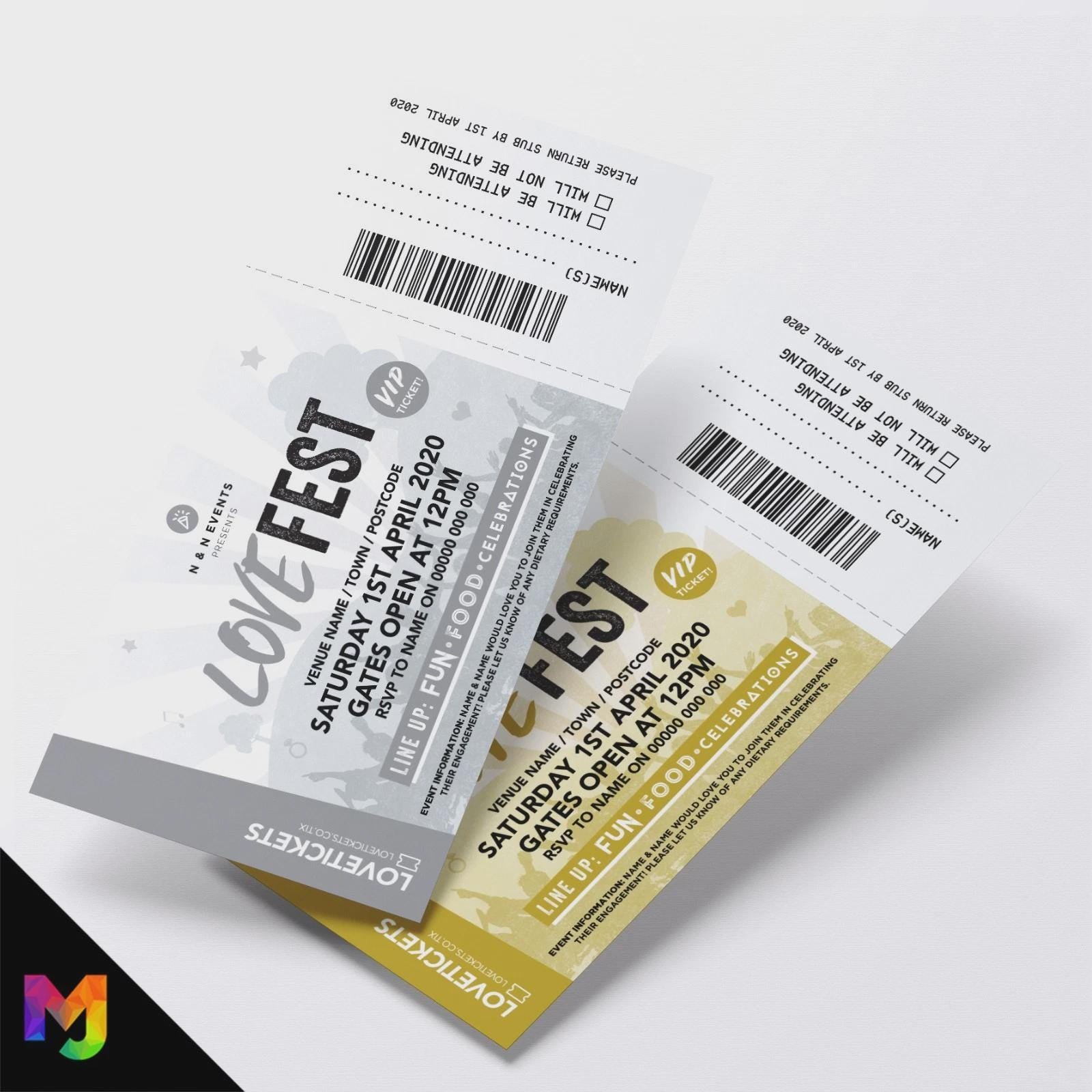 Personalised engagement/save the date LoveFEST festival ticket style Invitations Invites | Perforated