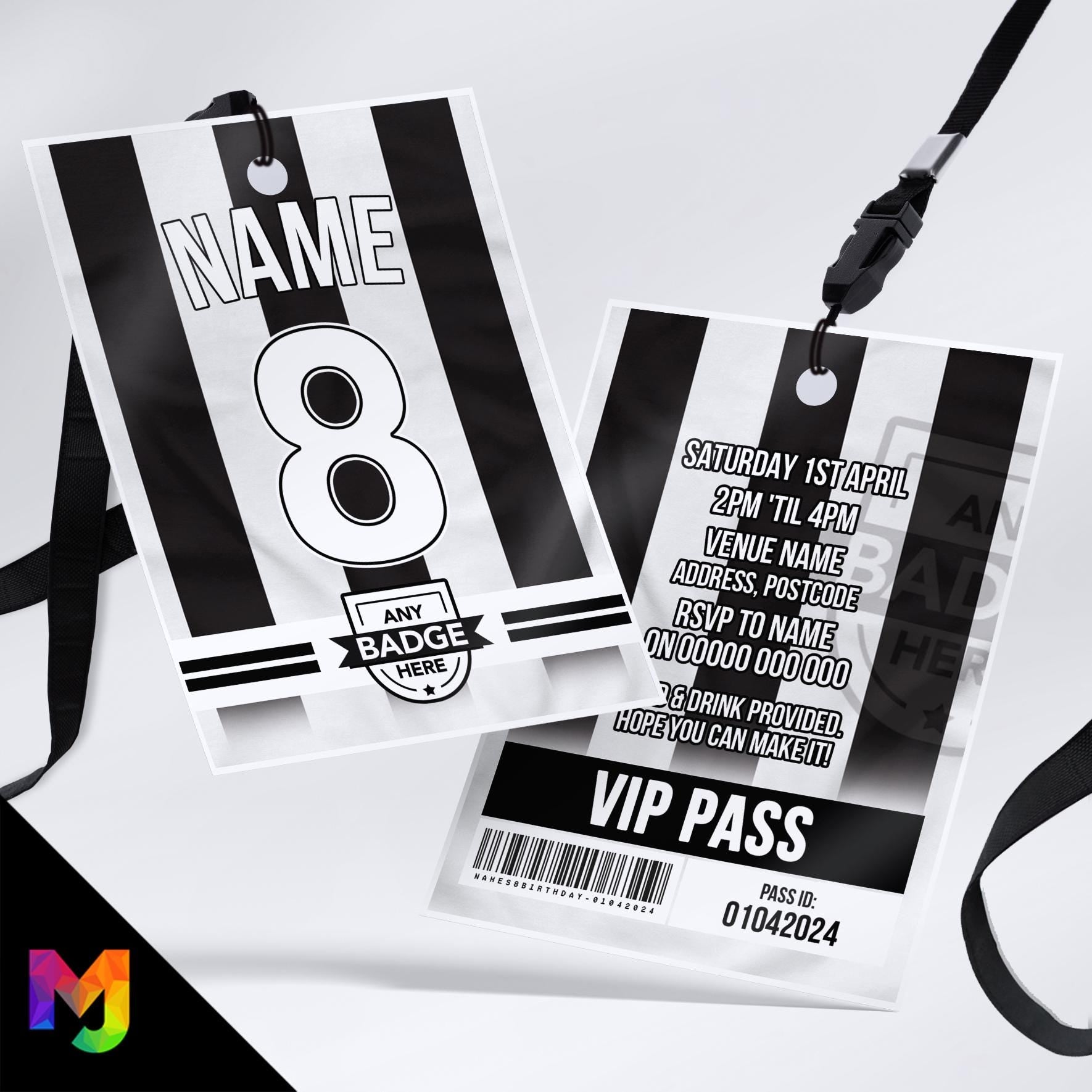 Personalised football shirt style VIP pass & lanyard Invitations Invites | Any Team | Black and white striped shirt team style