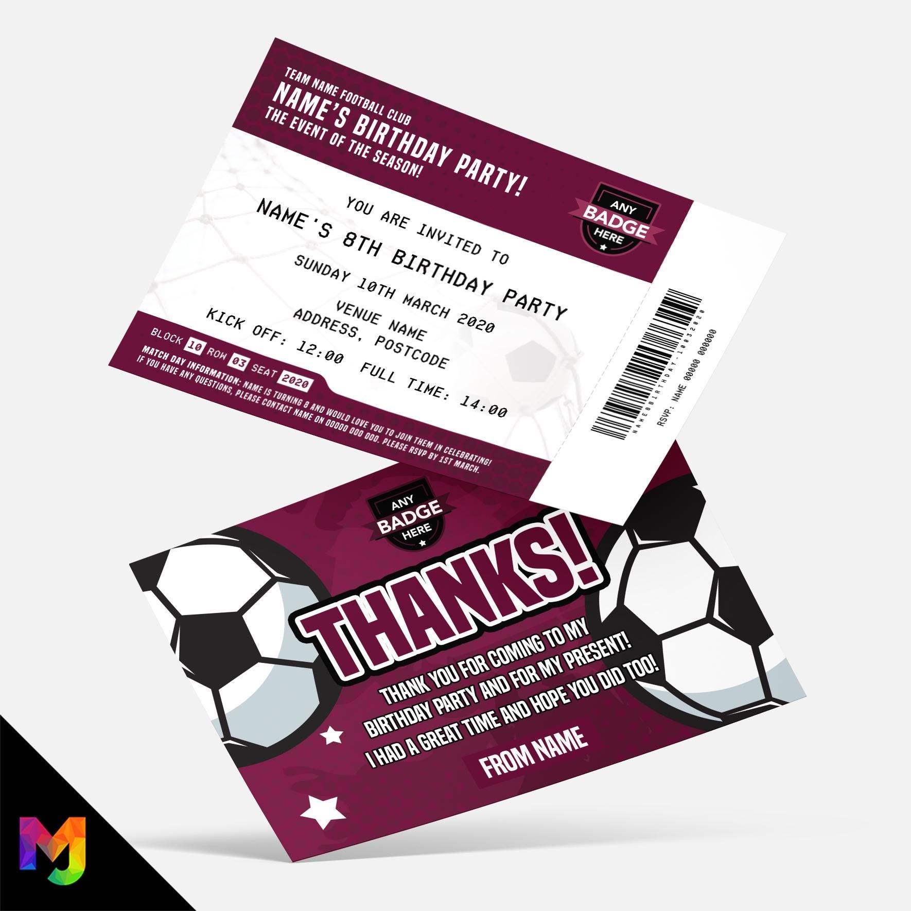 Personalised maroon football ticket style party Invitations Invites + thank you cards | Any colours!