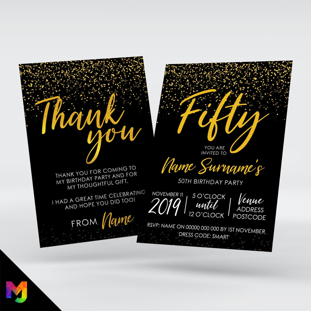 Personalised 50th birthday party Invitations Invites | Gold black glitter modern design