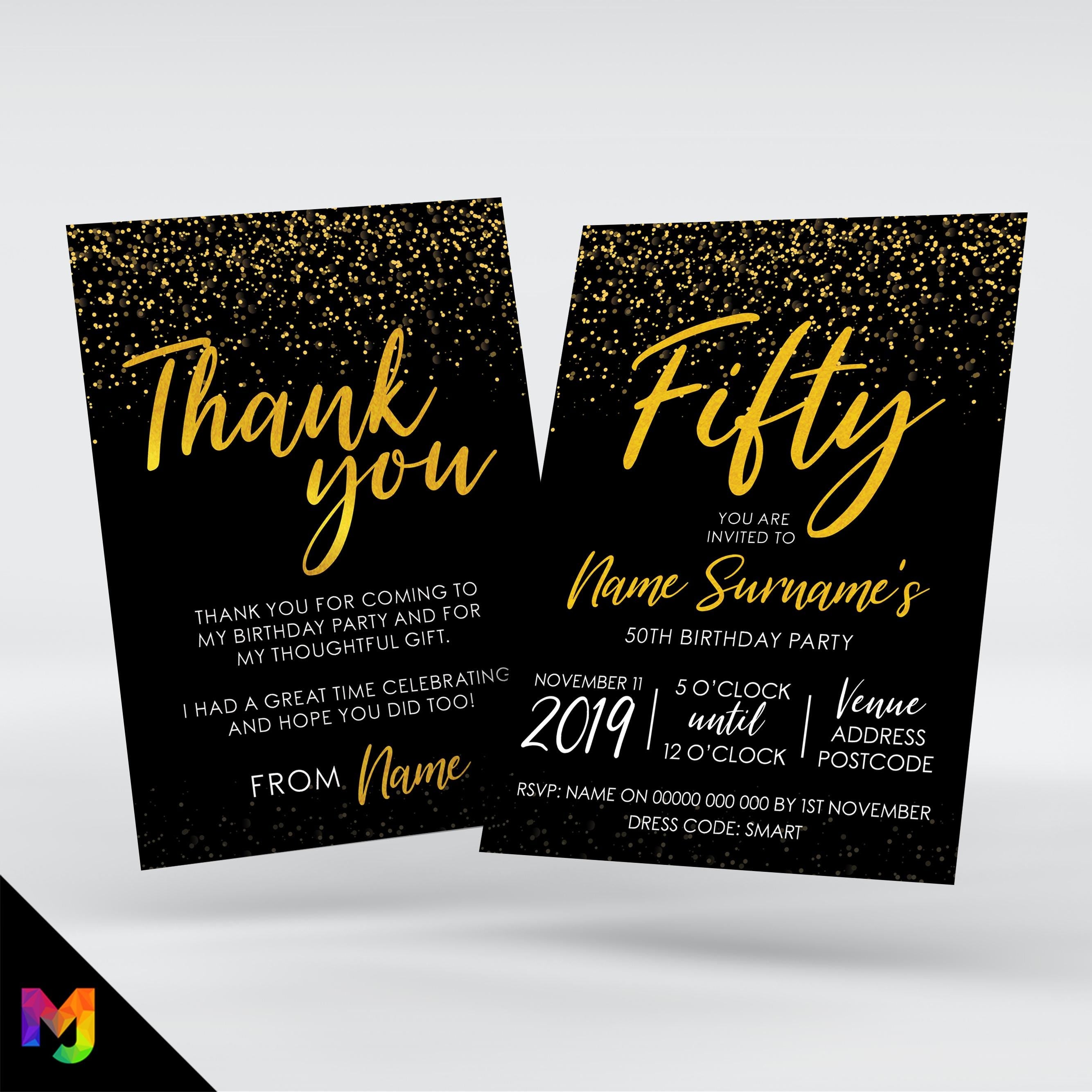 Personalised 50th birthday party Invitations Invites | Gold black glitter modern design