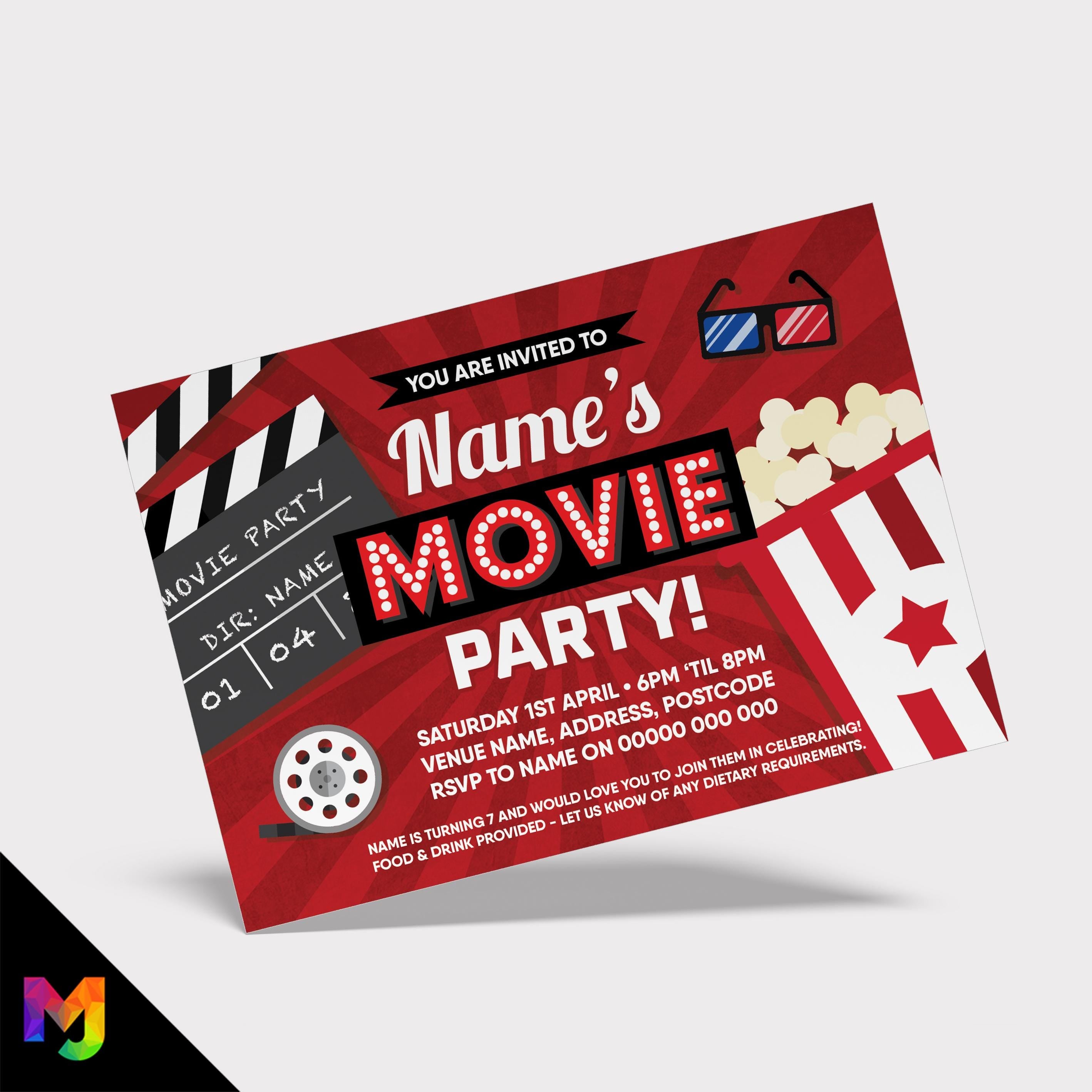 Personalised movie party style invitations invites | Cinema film making movies popcorn sweets kids adults