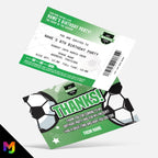 Personalised green & white football ticket style party Invitations Invites + thank you cards | Any colours!