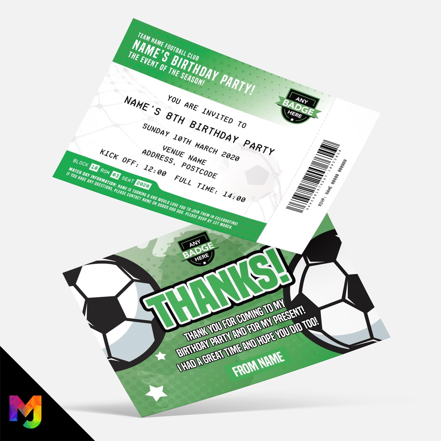Personalised green & white football ticket style party Invitations Invites + thank you cards | Any colours!